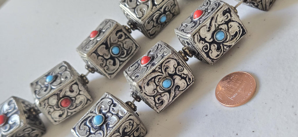 1 bead - Tibetan Nepal antiqued silver color finish repousse floral carving cube cuboid shape beads supplies large focal 31 -32mm - BD901G