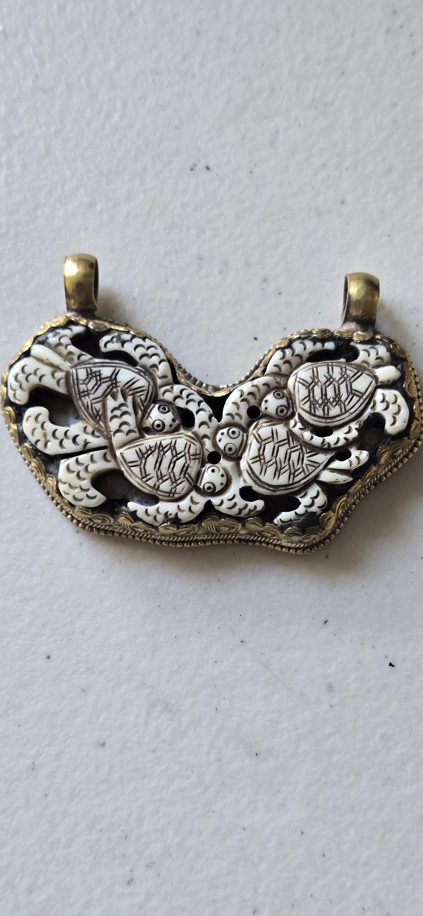 1 Pendant - Large Ethnic Tibetan carved Bone turtle family design brass pendant with flower carving on reverse side - PB001H