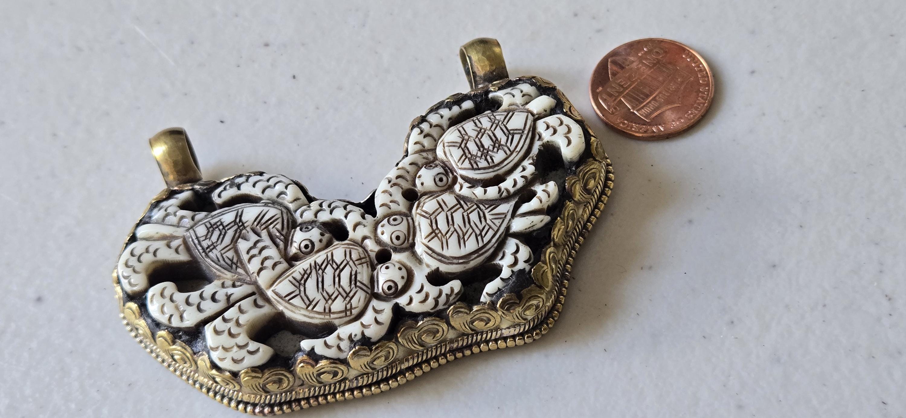 1 Pendant - Large Ethnic Tibetan carved Bone turtle family design brass pendant with flower carving on reverse side - PB001H