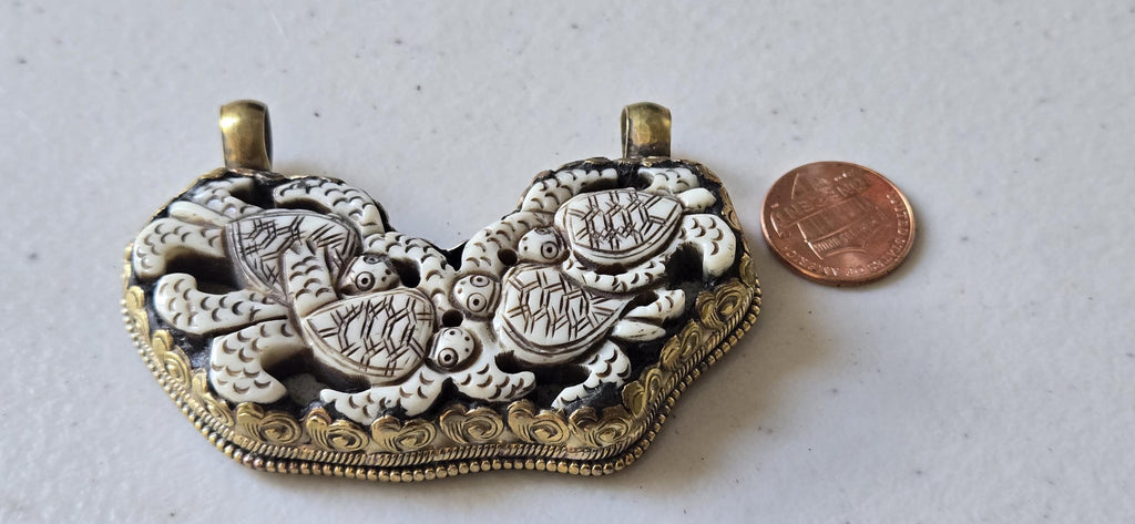 1 Pendant - Large Ethnic Tibetan carved Bone turtle family design brass pendant with flower carving on reverse side - PB001H