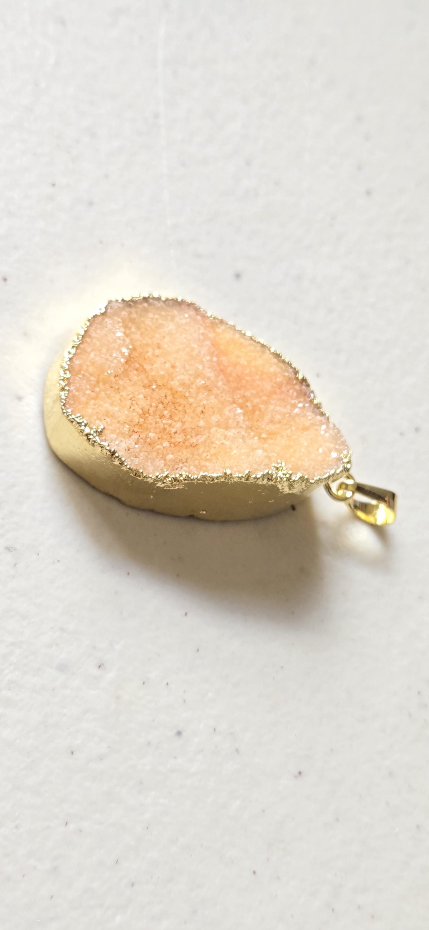 Peachy orange shimmer druzy quartz agate geode golden edged pendant- SP020H