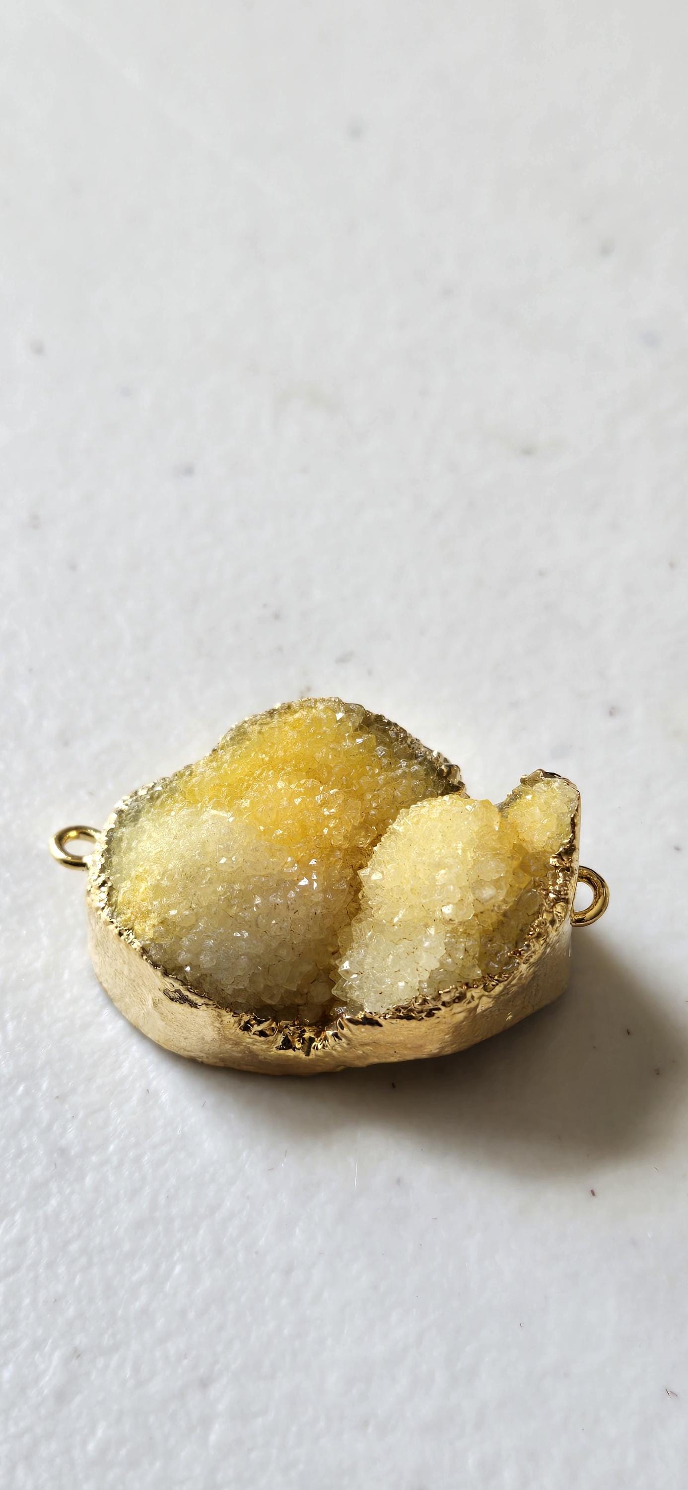 Lemony yellow shimmer druzy quartz agate geode golden edged double bail focal pendant- SP020K