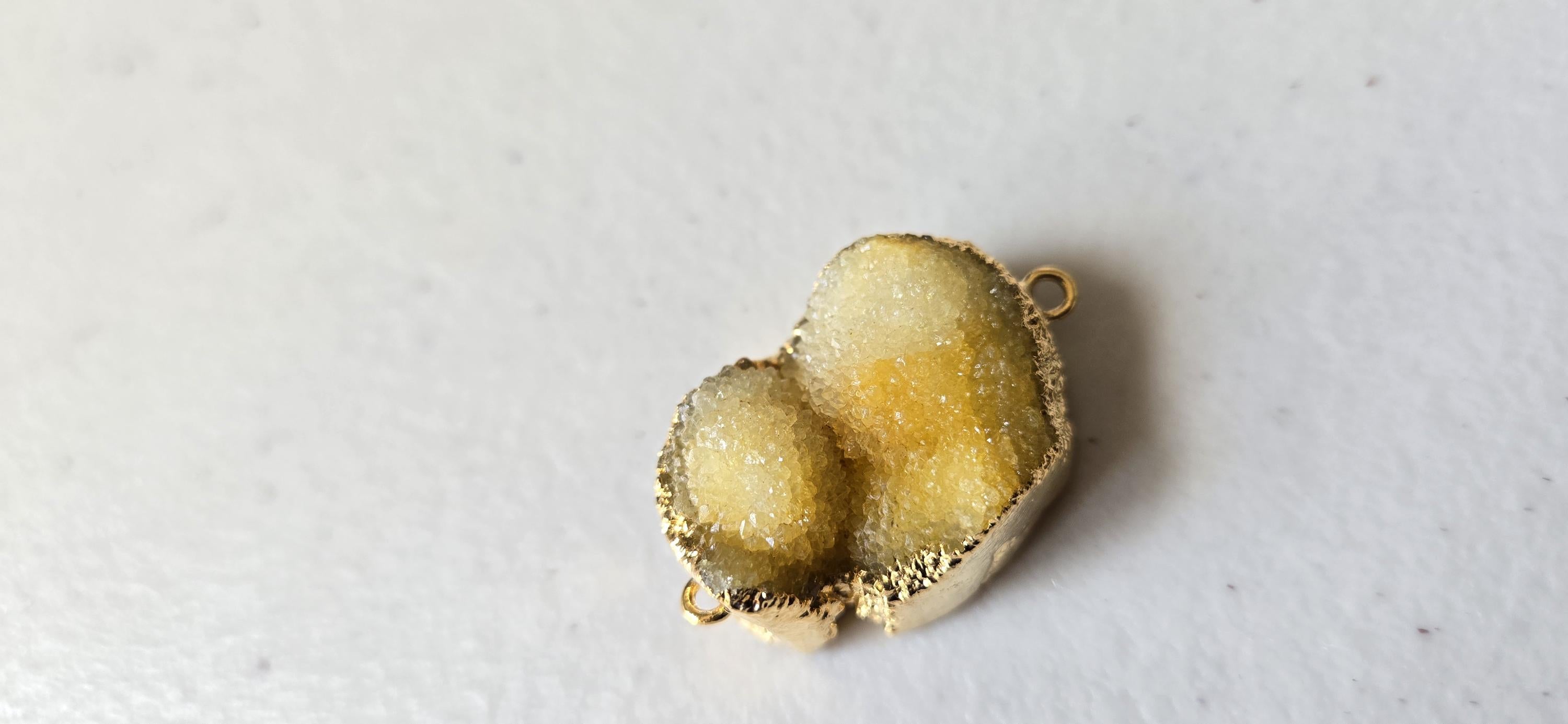 Lemony yellow shimmer druzy quartz agate geode golden edged double bail focal pendant- SP020K