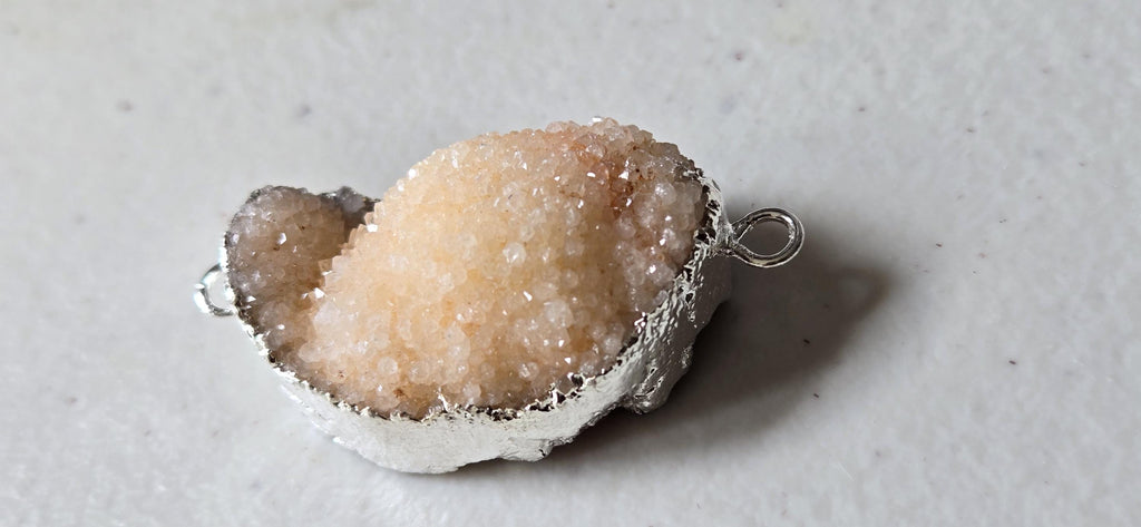 Peachy pink orange quartz shimmer Druzy agate geode silver edged pendant- SP020D