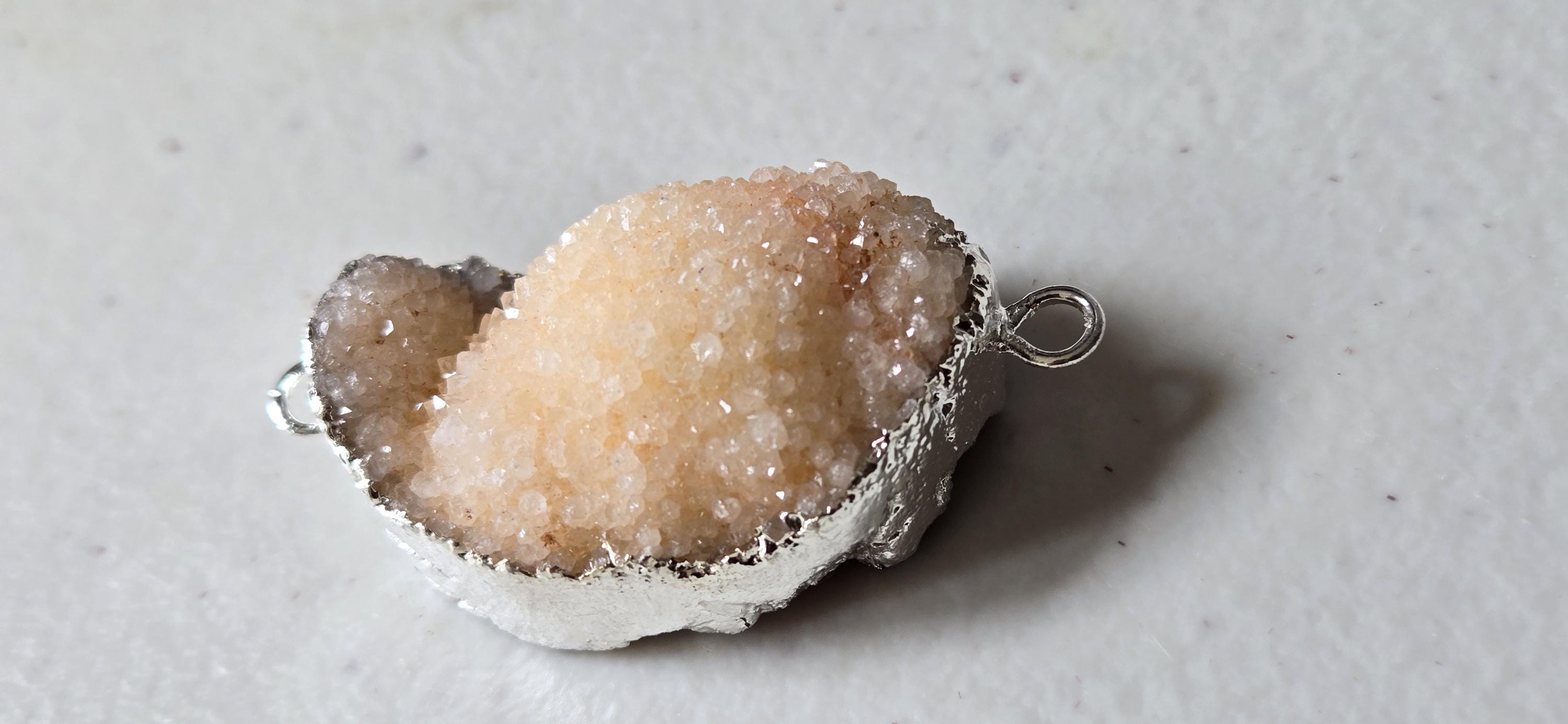 Peachy pink orange quartz shimmer Druzy agate geode silver edged pendant- SP020D