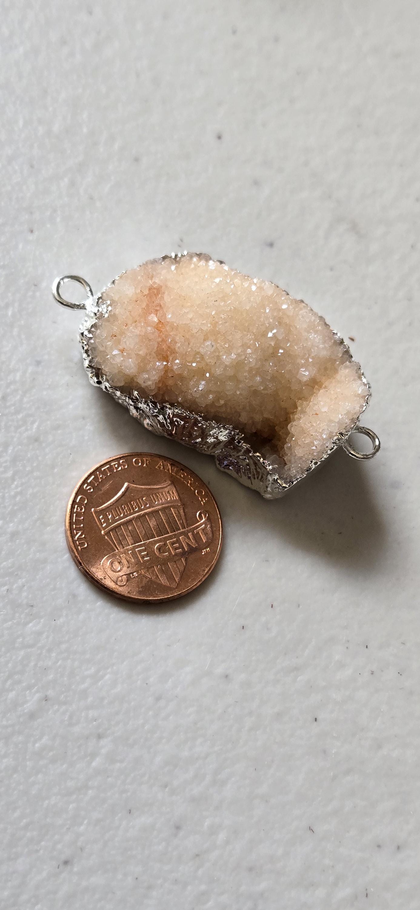 Peachy pink orange quartz shimmer Druzy agate geode silver edged pendant- SP020D