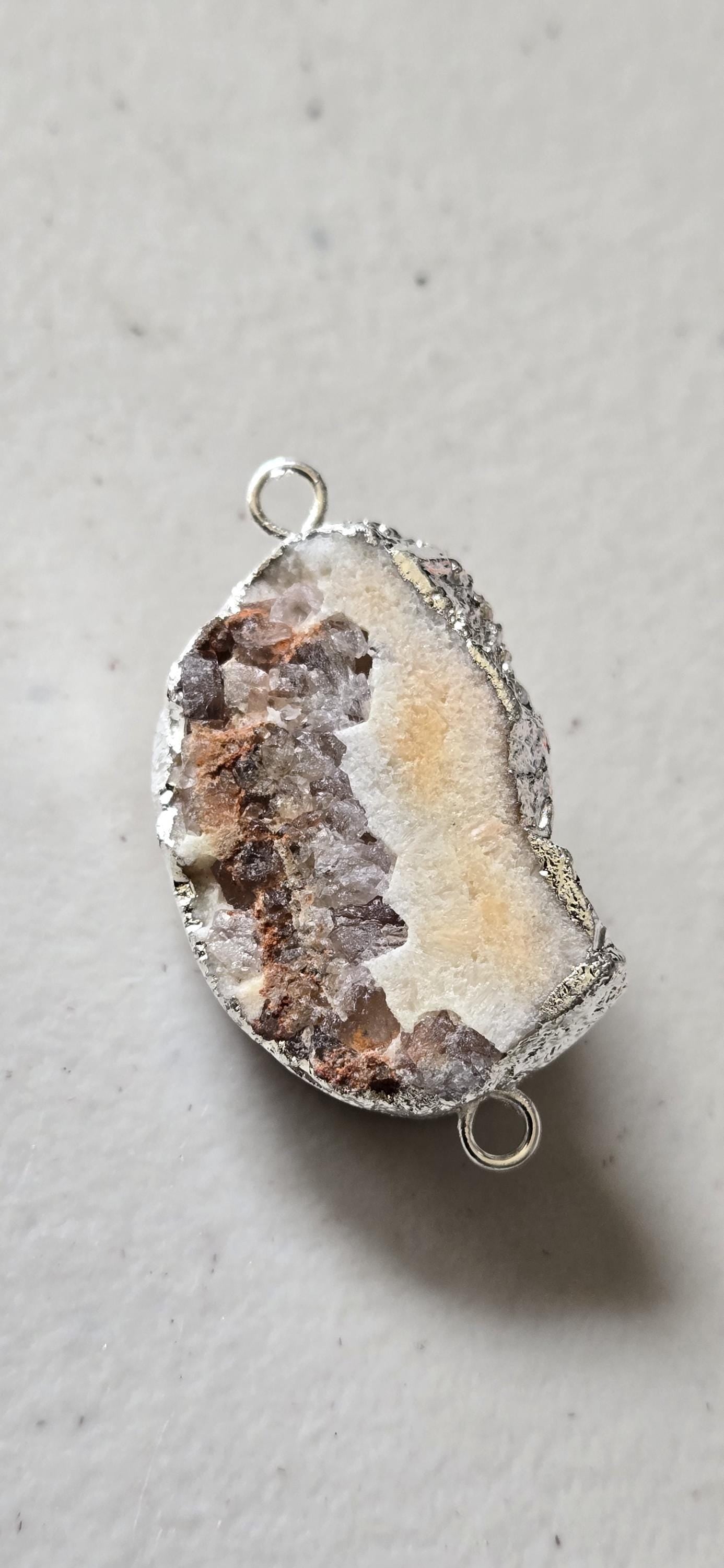 Peachy pink orange quartz shimmer Druzy agate geode silver edged pendant- SP020D
