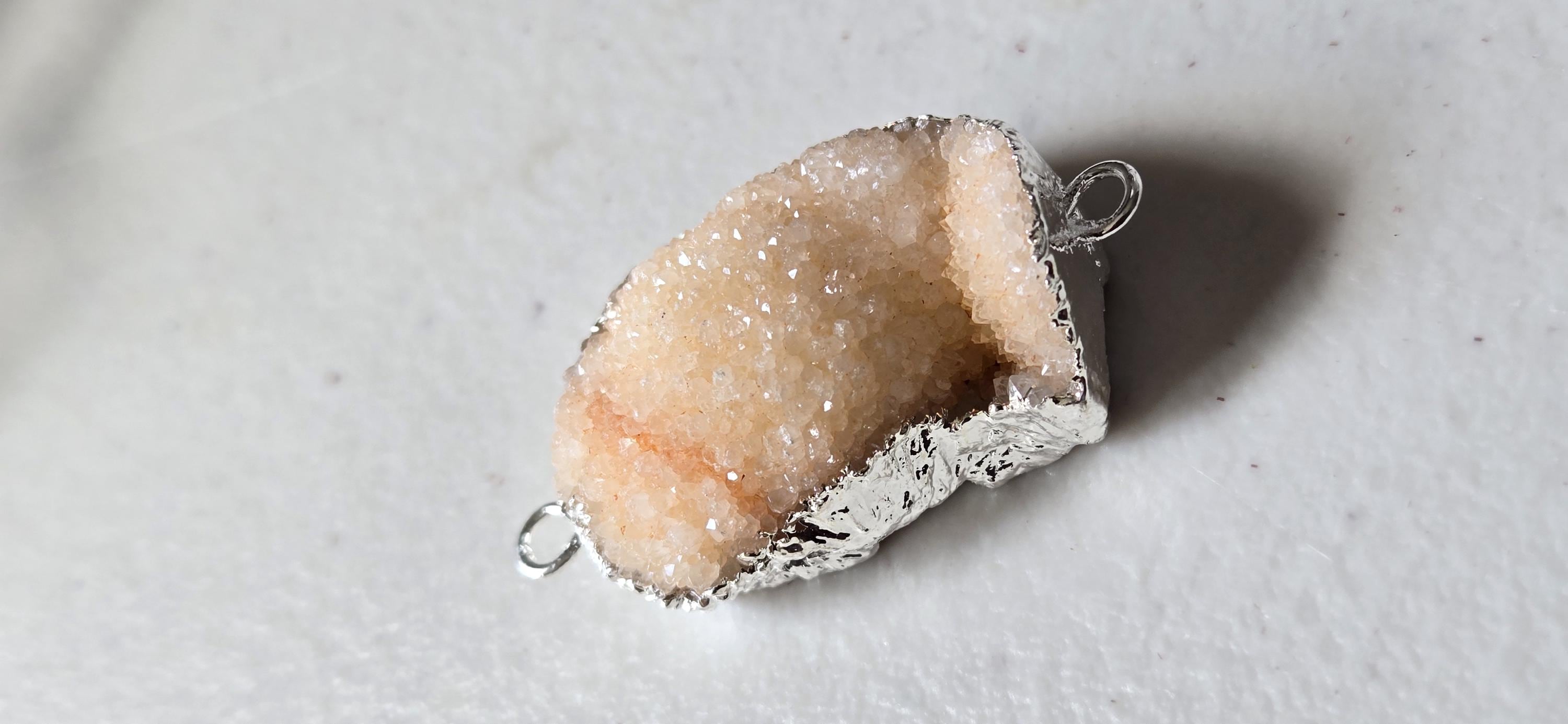 Peachy pink orange quartz shimmer Druzy agate geode silver edged pendant- SP020D
