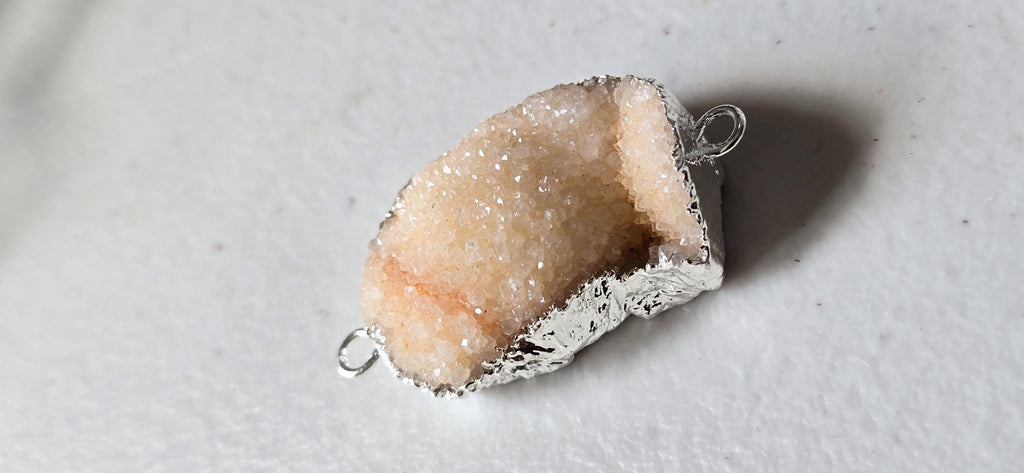 Peachy pink orange quartz shimmer Druzy agate geode silver edged pendant- SP020D