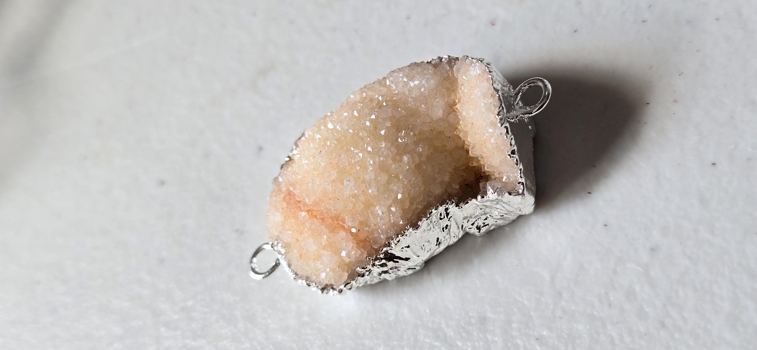 Peachy pink orange quartz shimmer Druzy agate geode silver edged pendant- SP020D