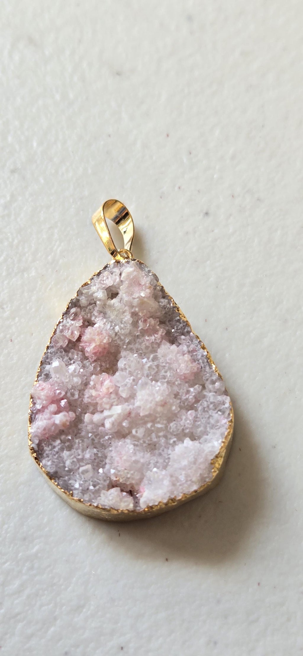 Pinkish purplish white shimmer druzy quartz agate geode golden edged pendant- SP020C