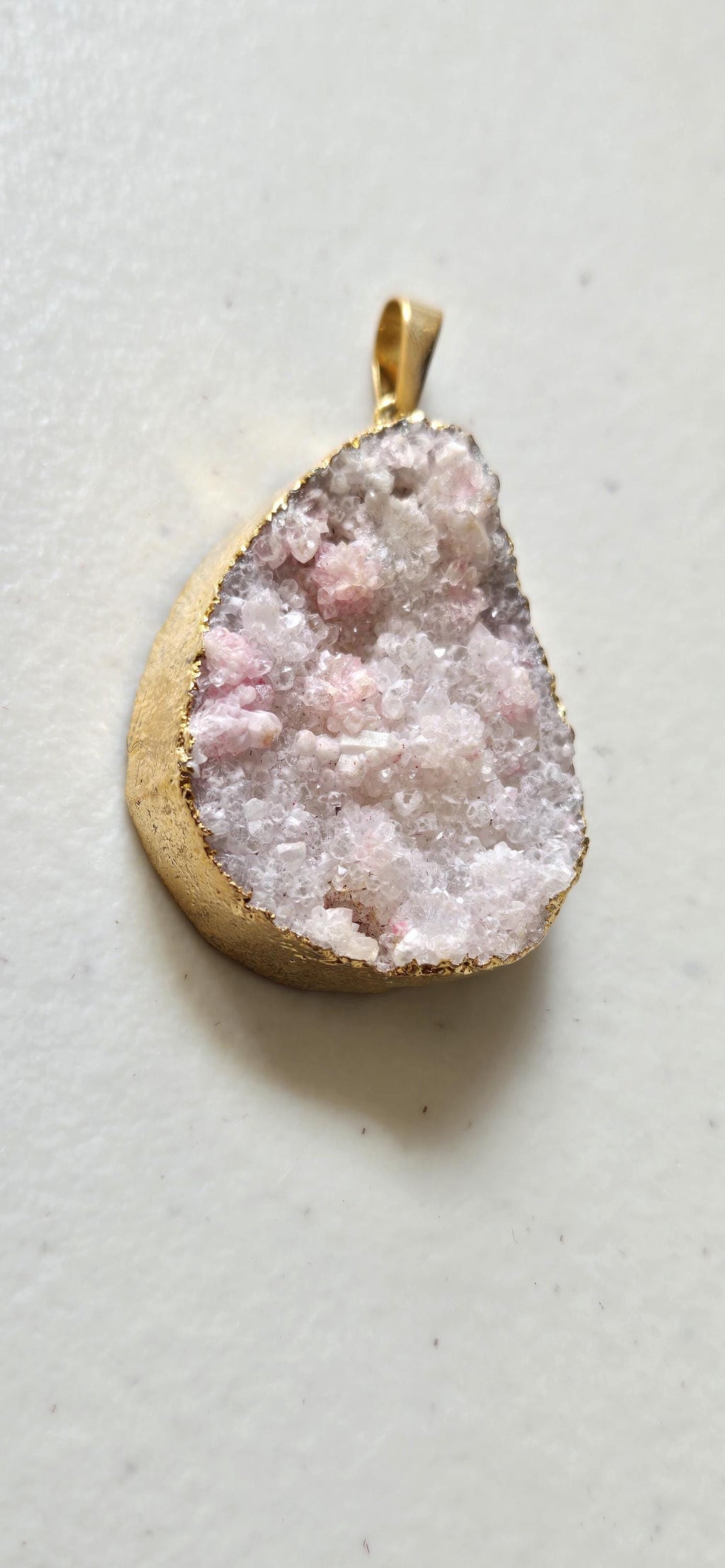 Pinkish purplish white shimmer druzy quartz agate geode golden edged pendant- SP020C