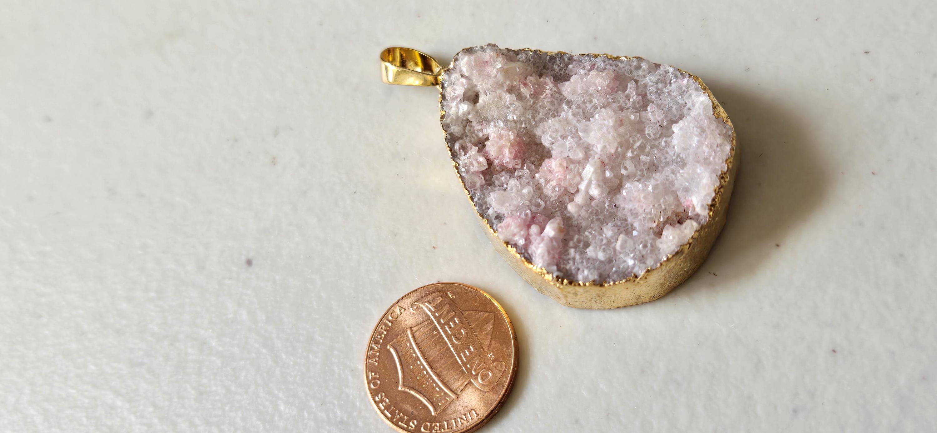 Pinkish purplish white shimmer druzy quartz agate geode golden edged pendant- SP020C