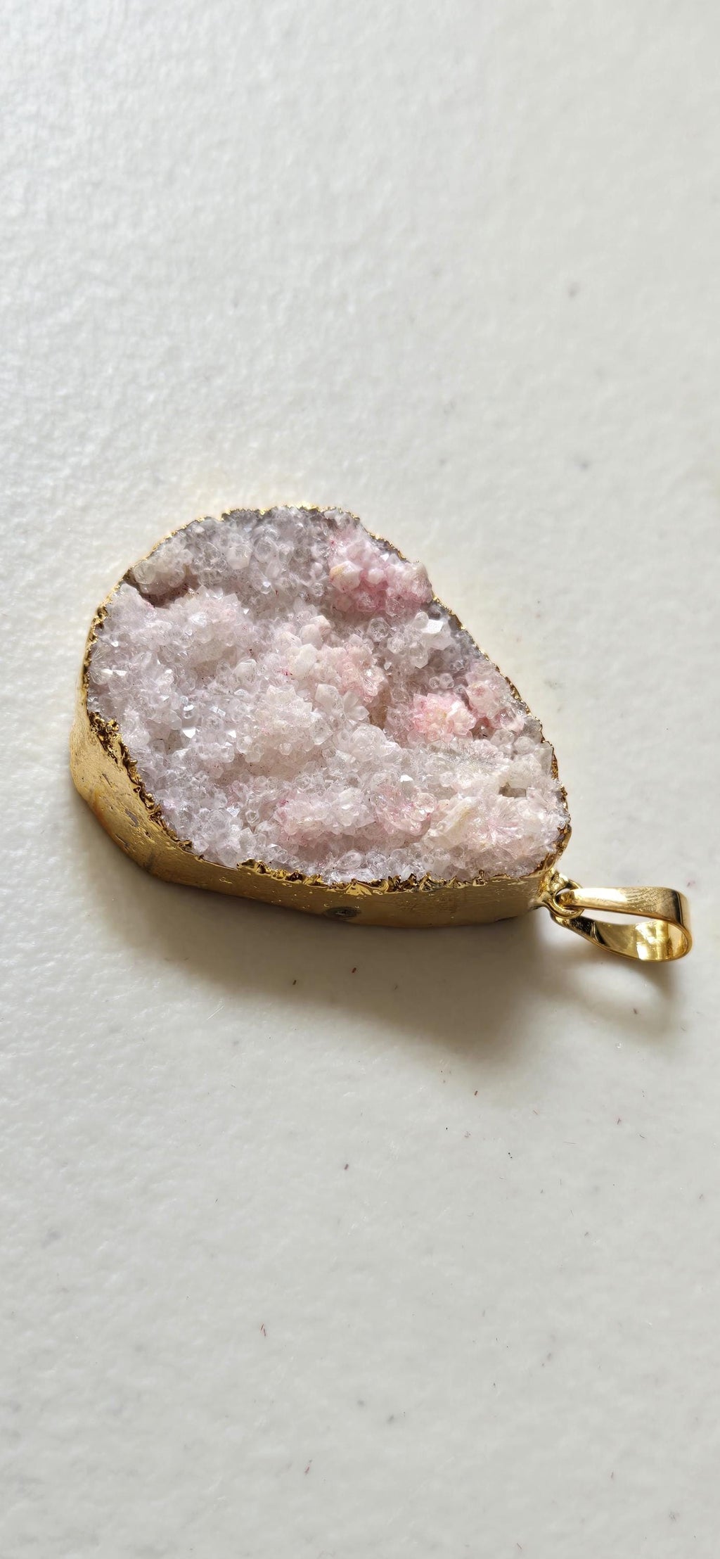 Pinkish purplish white shimmer druzy quartz agate geode golden edged pendant- SP020C