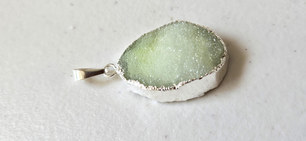 Pastel Green shimmer Druzy agate geode silver edged pendant - SP020B