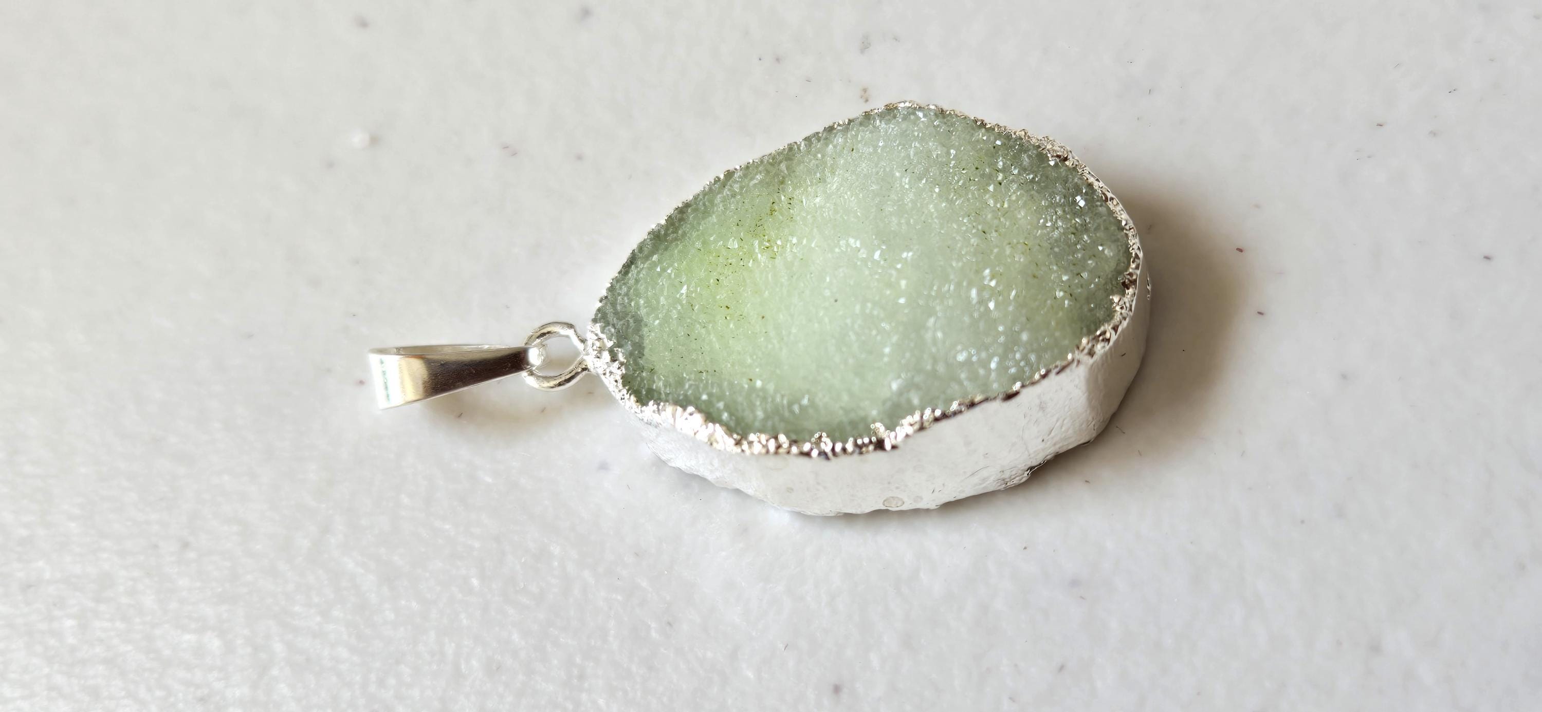 Pastel Green shimmer Druzy agate geode silver edged pendant - SP020B