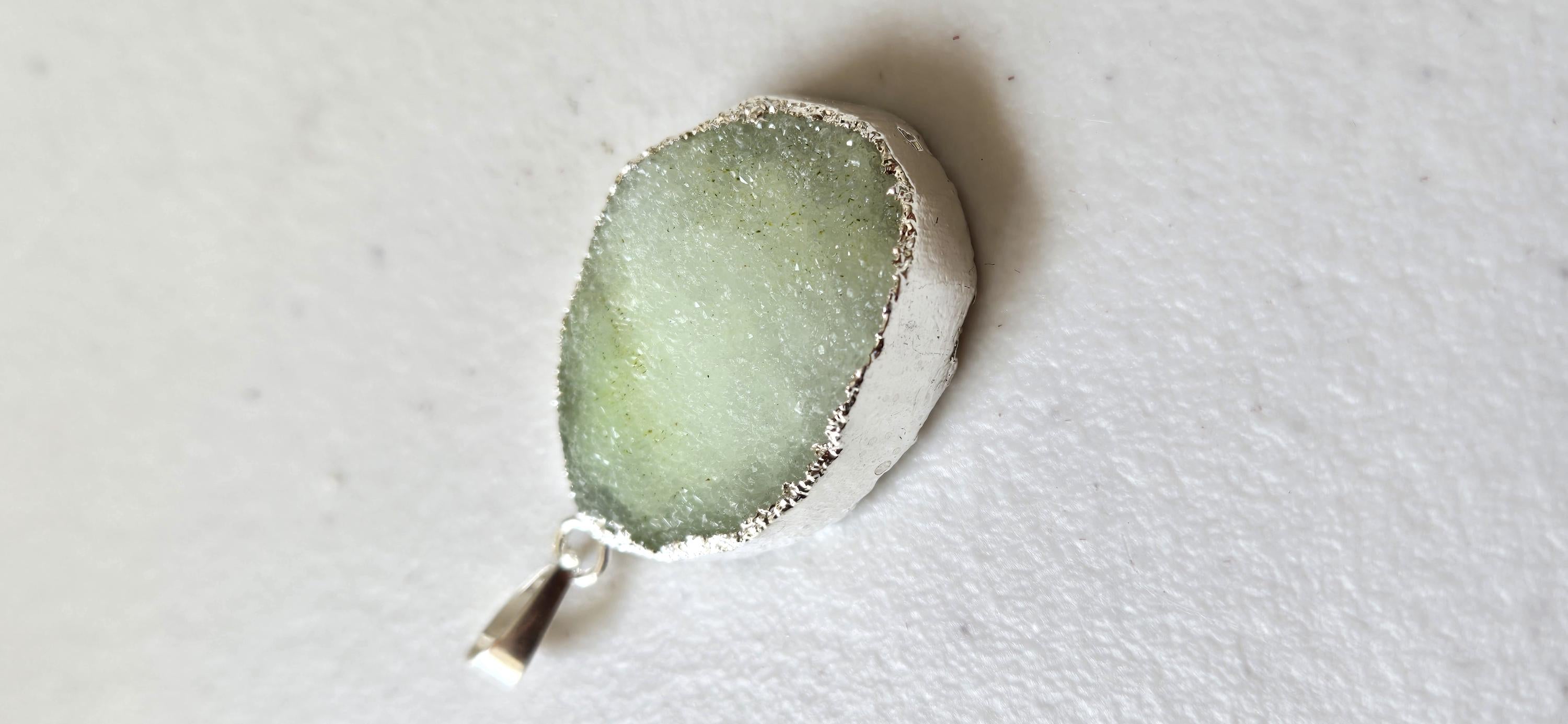Pastel Green shimmer Druzy agate geode silver edged pendant - SP020B