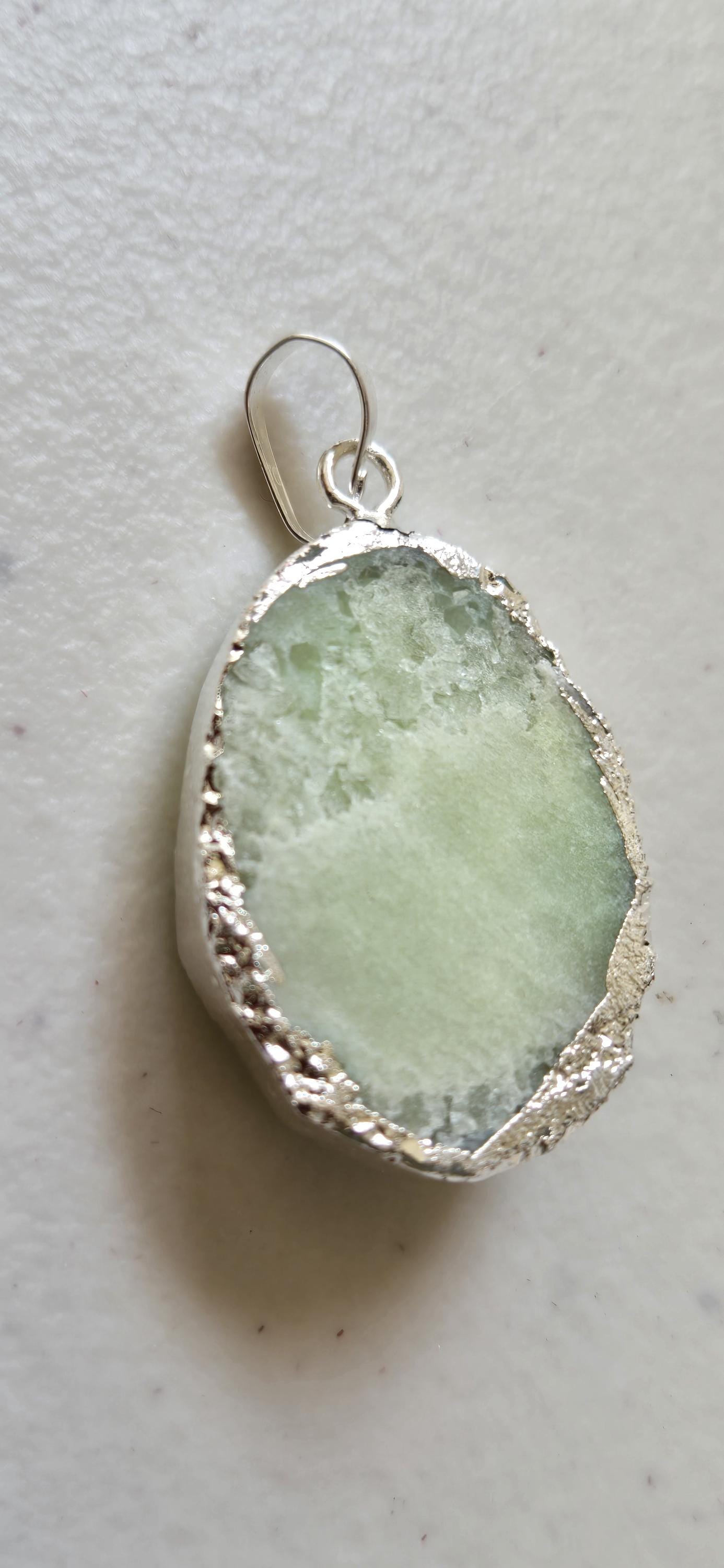 Pastel Green shimmer Druzy agate geode silver edged pendant - SP020B