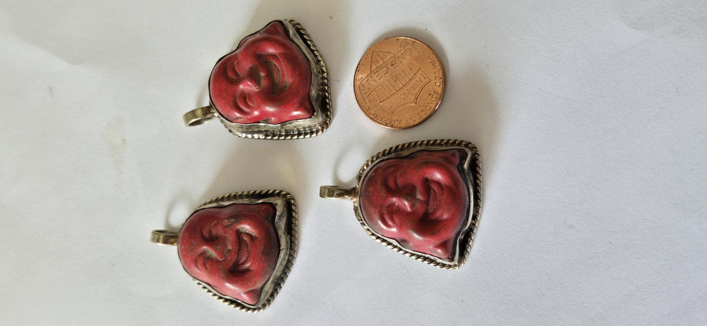 Tibetan antiqued silver color encased howlite happy Buddha face focal pendant floral carving - PM001B