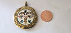 Reversible Tibetan Buddha eye and double dorje turquoise coral brass inlaid pendant - PM247G