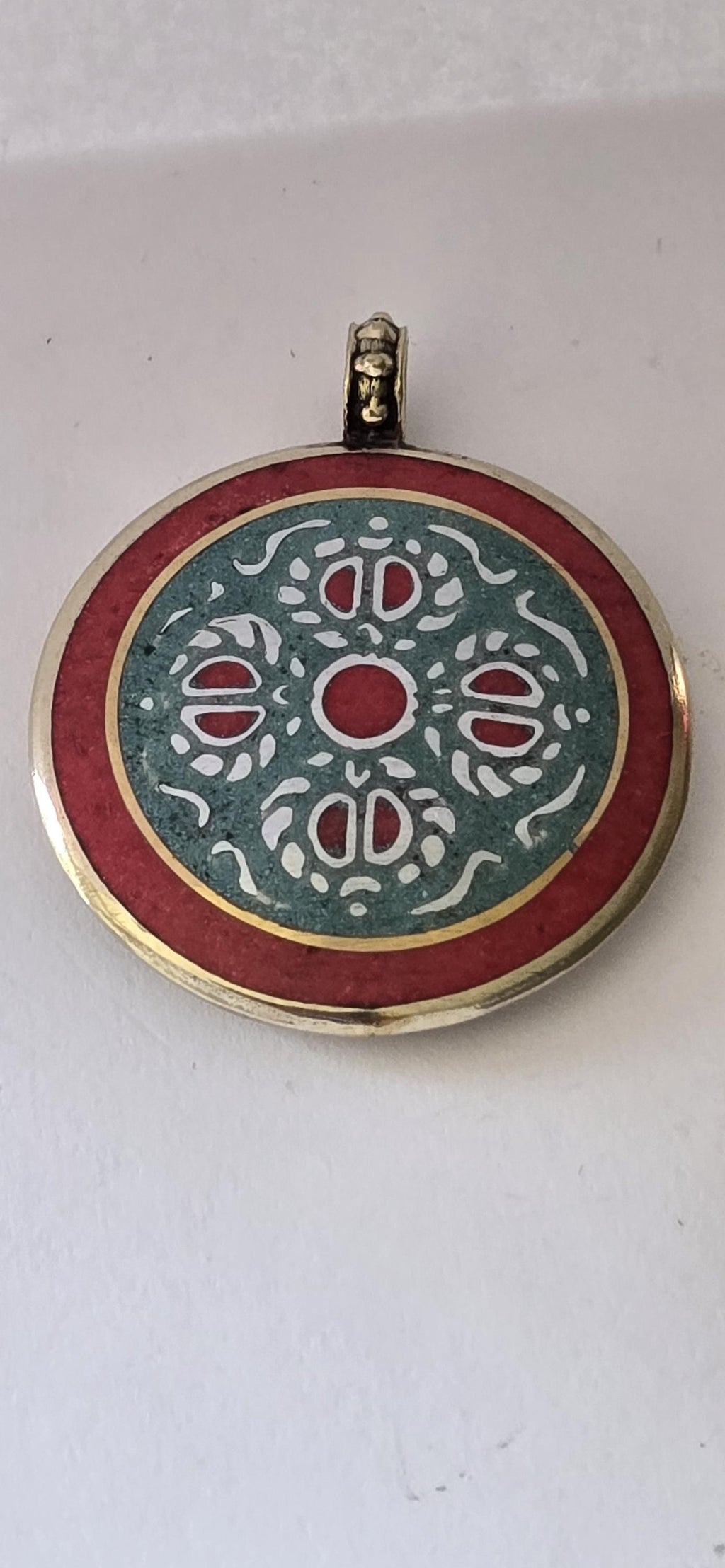 Reversible Tibetan Buddha eye and double dorje turquoise coral brass inlaid pendant - PM247G