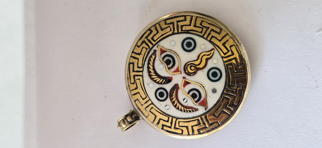 Reversible Tibetan Buddha eye and double dorje turquoise coral brass inlaid pendant - PM247G