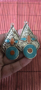 2 pendants - Large light weight Kite shape Tibetan silver lotus flower carved repousse charms dangle disc with turquoise coral inlay- PM494A