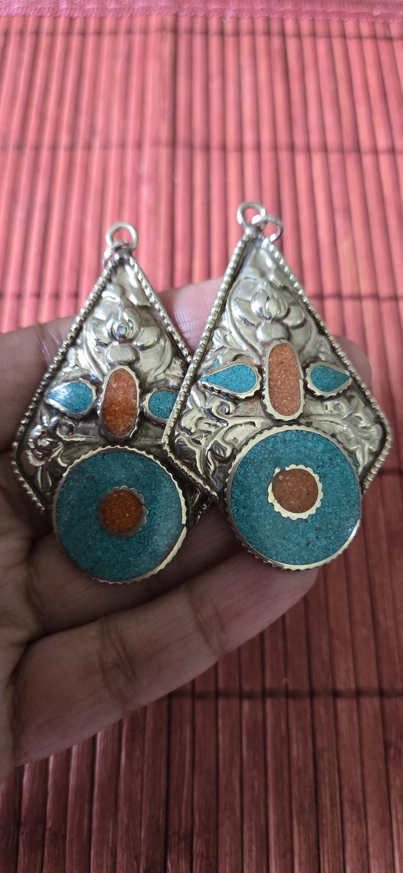 2 pendants - Large light weight Kite shape Tibetan silver lotus flower carved repousse charms dangle disc with turquoise coral inlay- PM494A