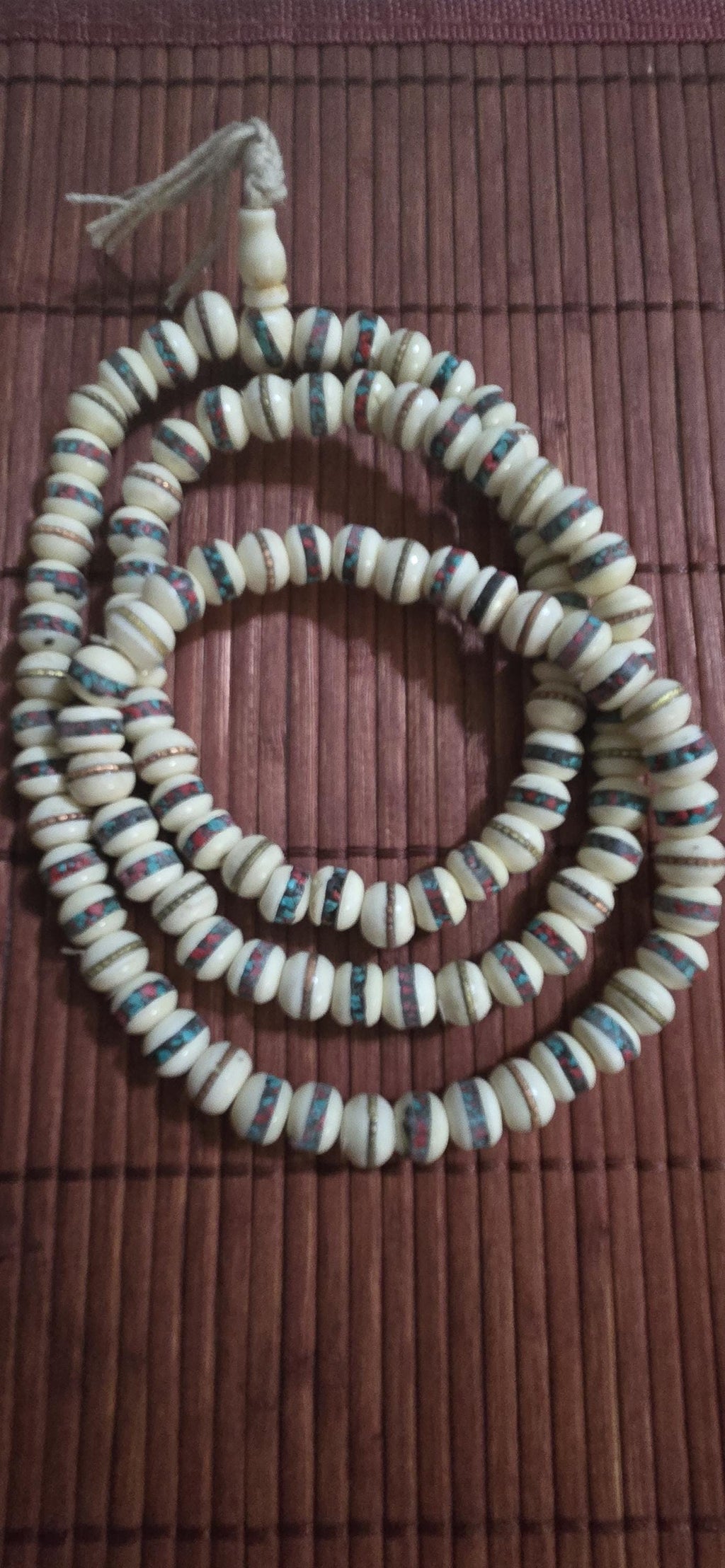 108 beads - 10 mm Tibetan cream white color bone mala turquoise brass copper turquoise coral inlay recycledcattle bone beads Nepal - ML075A