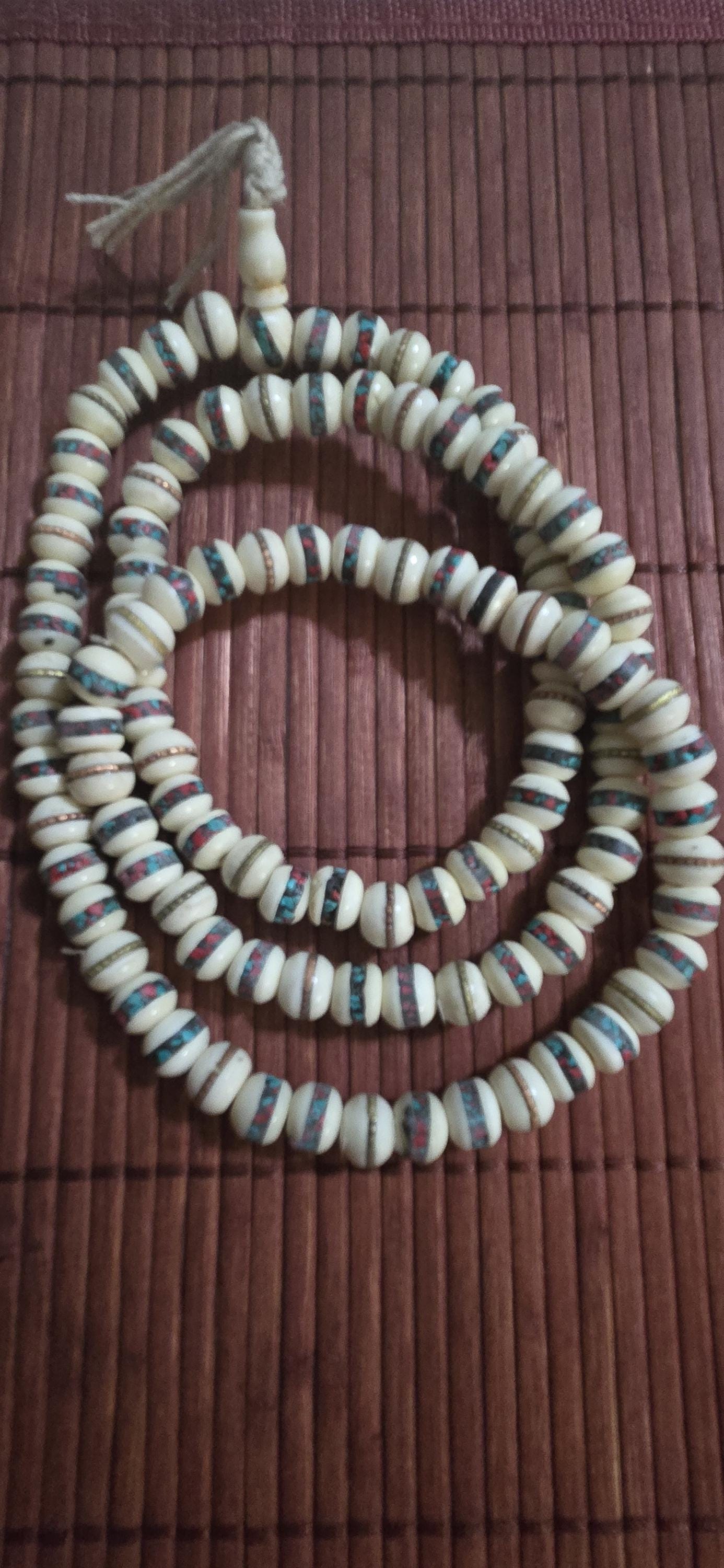 108 beads - 10 mm Tibetan cream white color bone mala turquoise brass copper turquoise coral inlay recycledcattle bone beads Nepal - ML075A