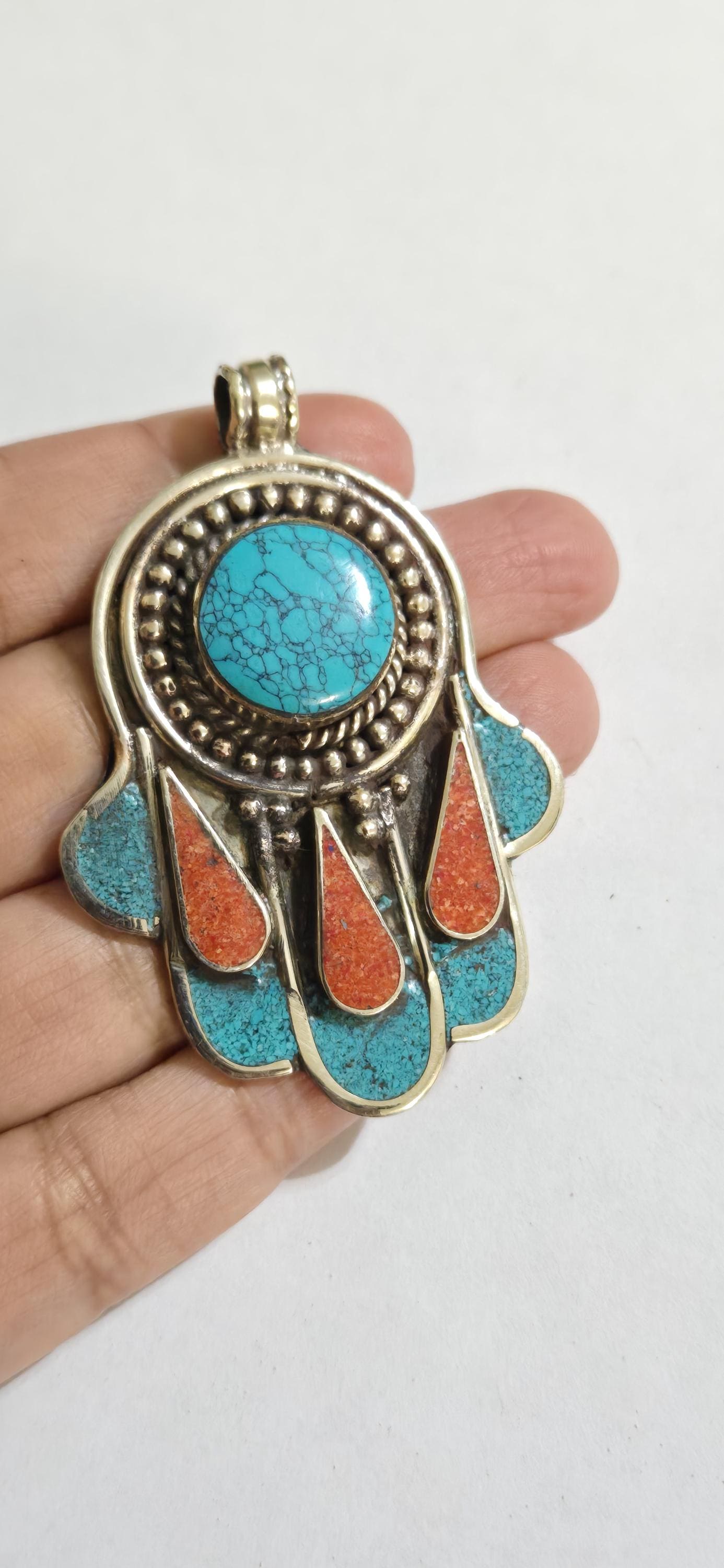1 pendant - Beautiful Tibetan hamsa pendant with turquoise coral inlay hand pendant handcrafted Nepal - PM337C