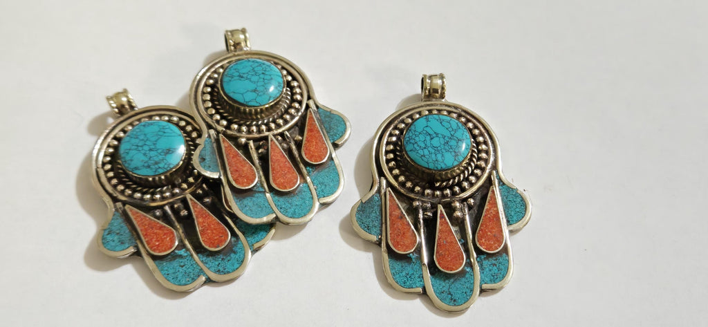 1 pendant - Beautiful Tibetan hamsa pendant with turquoise coral inlay hand pendant handcrafted Nepal - PM337C