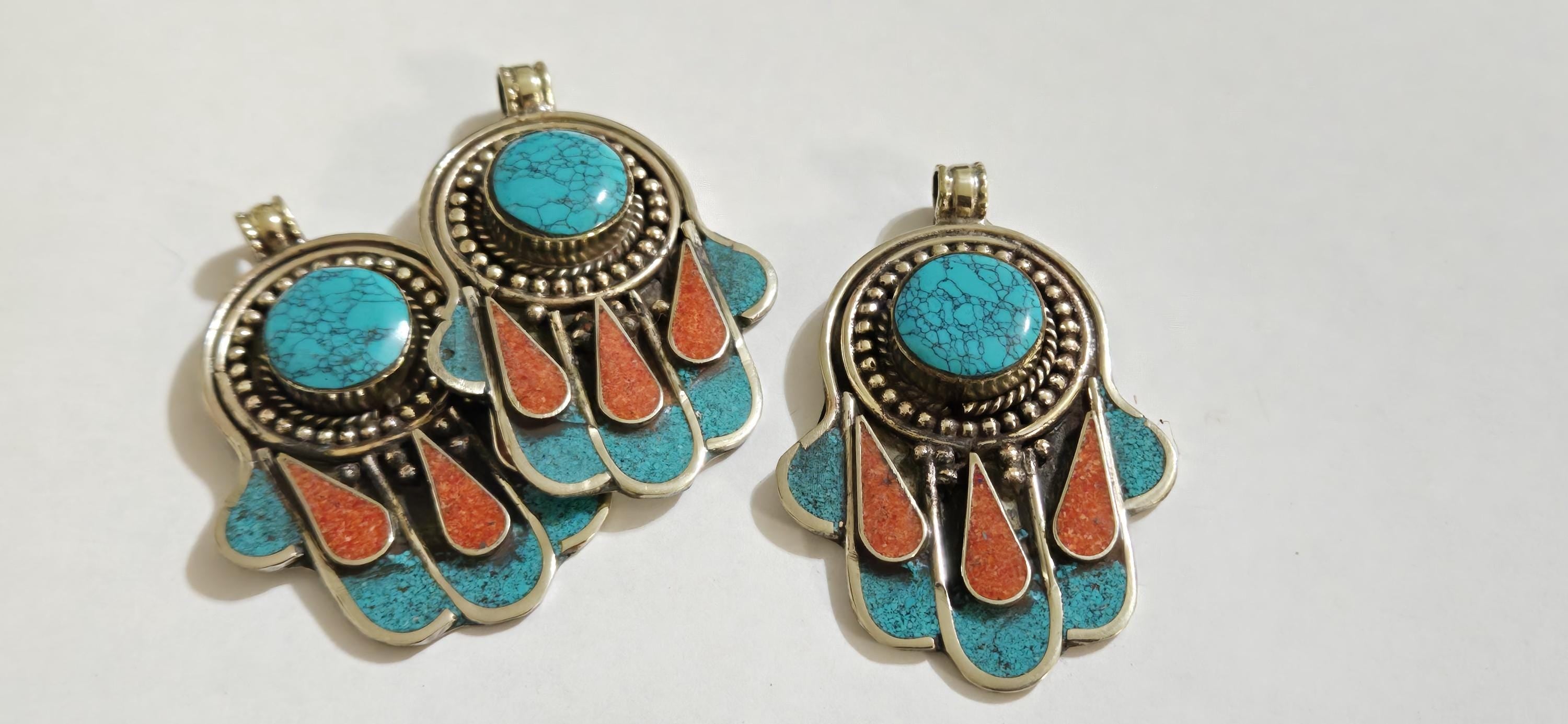 1 pendant - Beautiful Tibetan hamsa pendant with turquoise coral inlay hand pendant handcrafted Nepal - PM337C