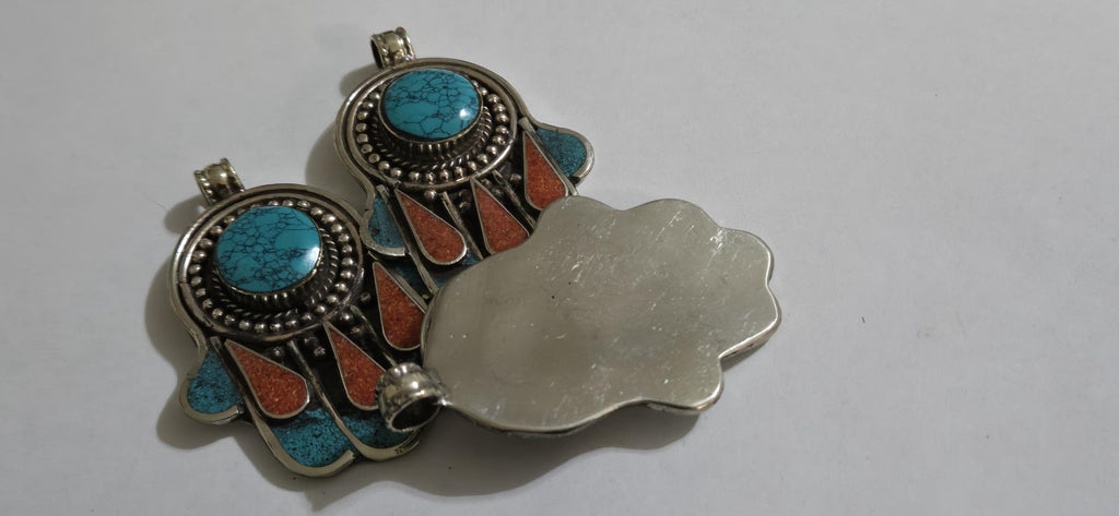 1 pendant - Beautiful Tibetan hamsa pendant with turquoise coral inlay hand pendant handcrafted Nepal - PM337C