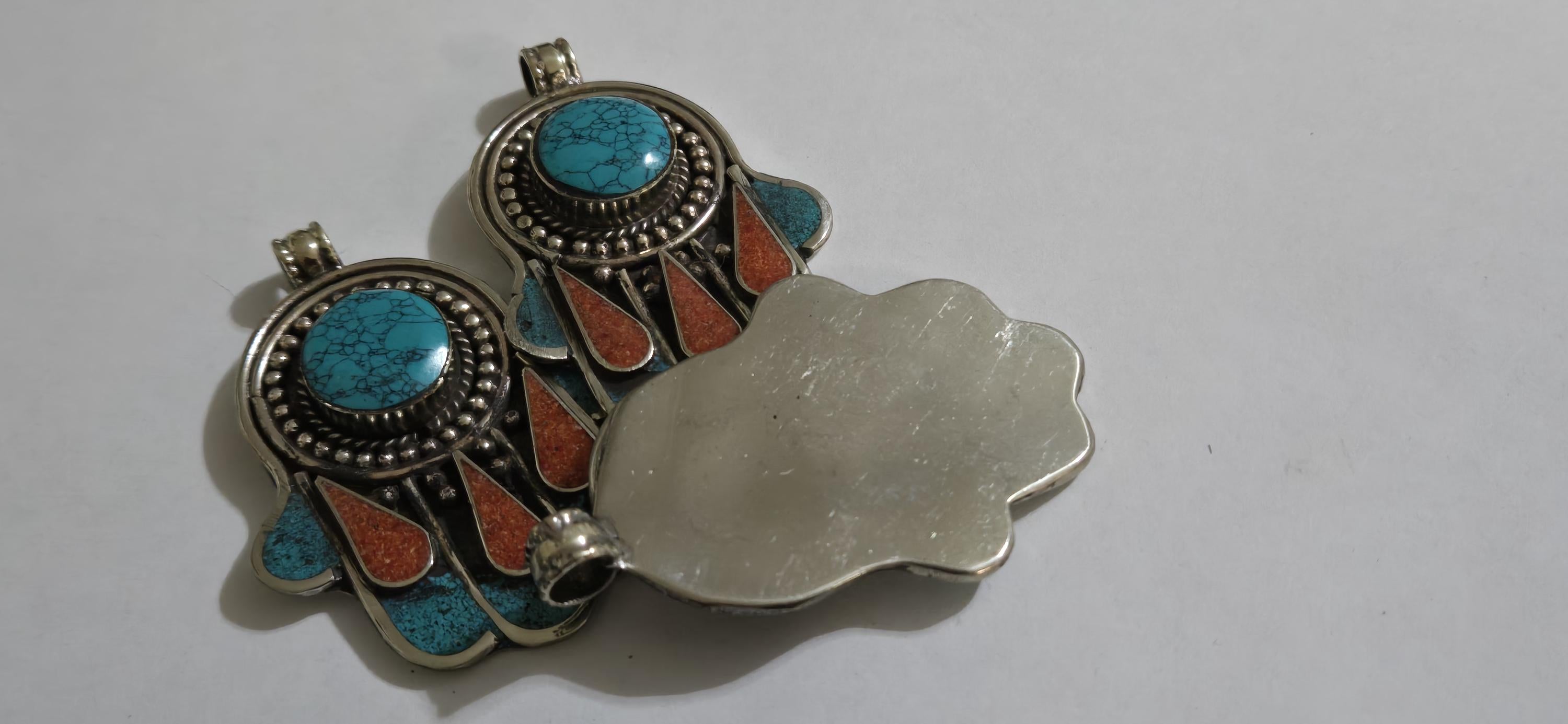 1 pendant - Beautiful Tibetan hamsa pendant with turquoise coral inlay hand pendant handcrafted Nepal - PM337C