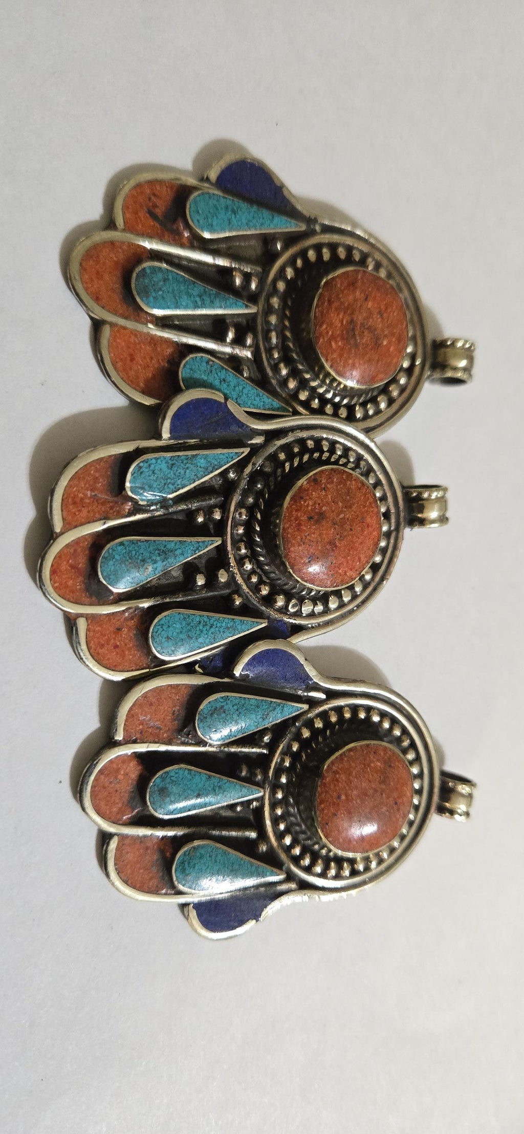 1 pendant - Beautiful Tibetan hamsa pendant with coral resin center and turquoise coral inlay hand pendant handcrafted Nepal - PM337A