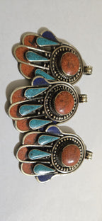 1 pendant - Beautiful Tibetan hamsa pendant with coral resin center and turquoise coral inlay hand pendant handcrafted Nepal - PM337A