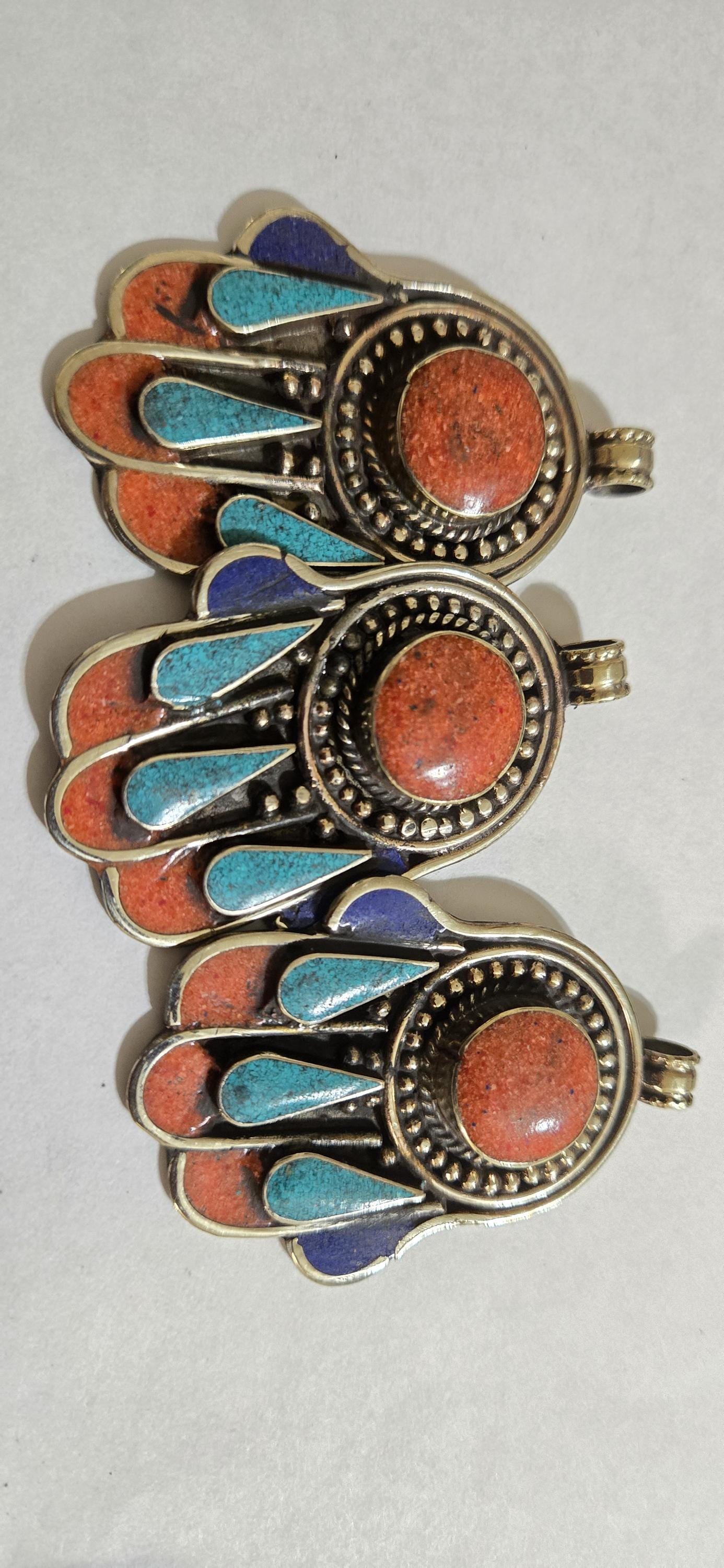 1 pendant - Beautiful Tibetan hamsa pendant with coral resin center and turquoise coral inlay hand pendant handcrafted Nepal - PM337A