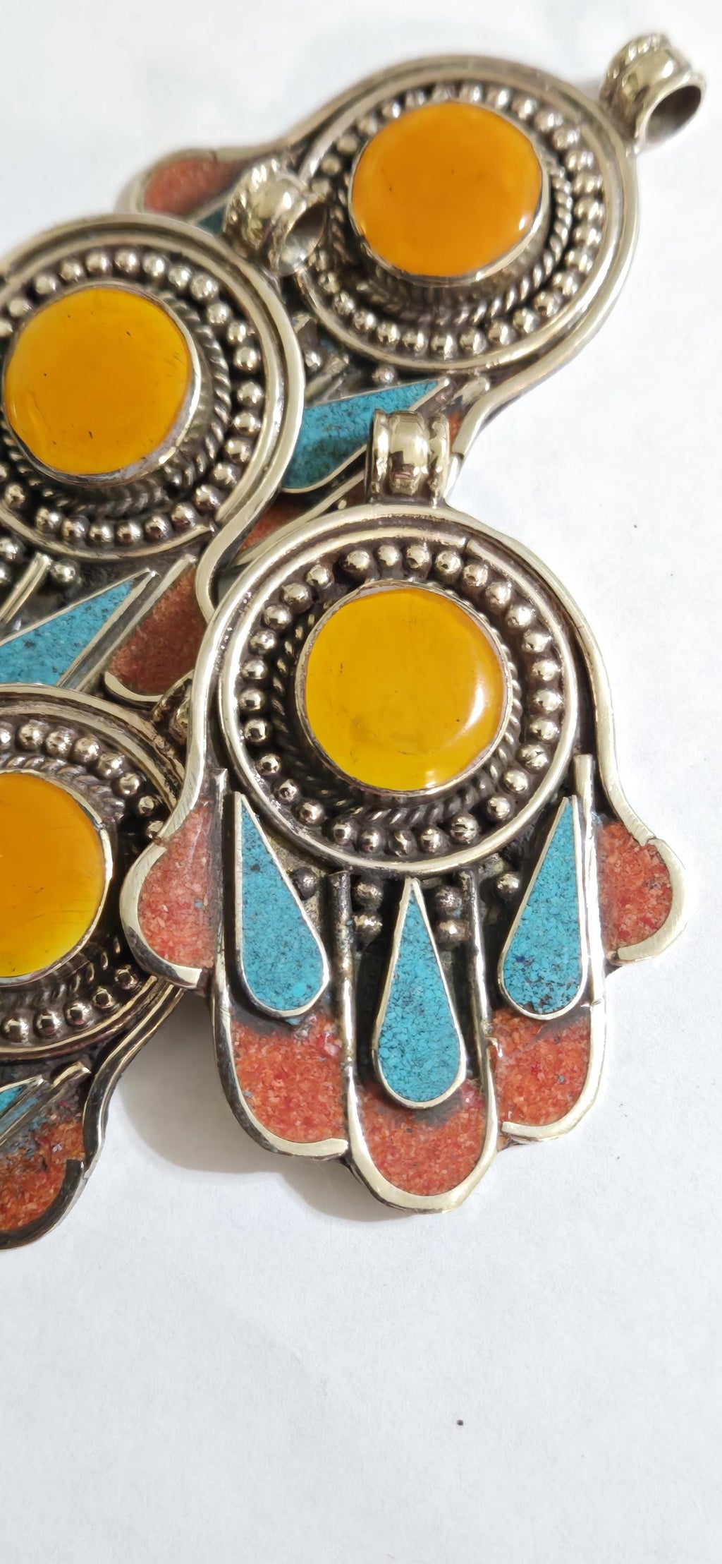 1 pendant - Beautiful Tibetan hamsa pendant with coral resin center and turquoise coral inlay hand pendant handcrafted Nepal - PM337A