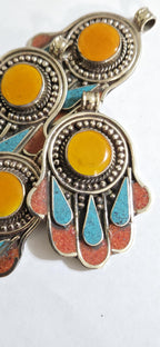 1 pendant - Beautiful Tibetan hamsa pendant with coral resin center and turquoise coral inlay hand pendant handcrafted Nepal - PM337A