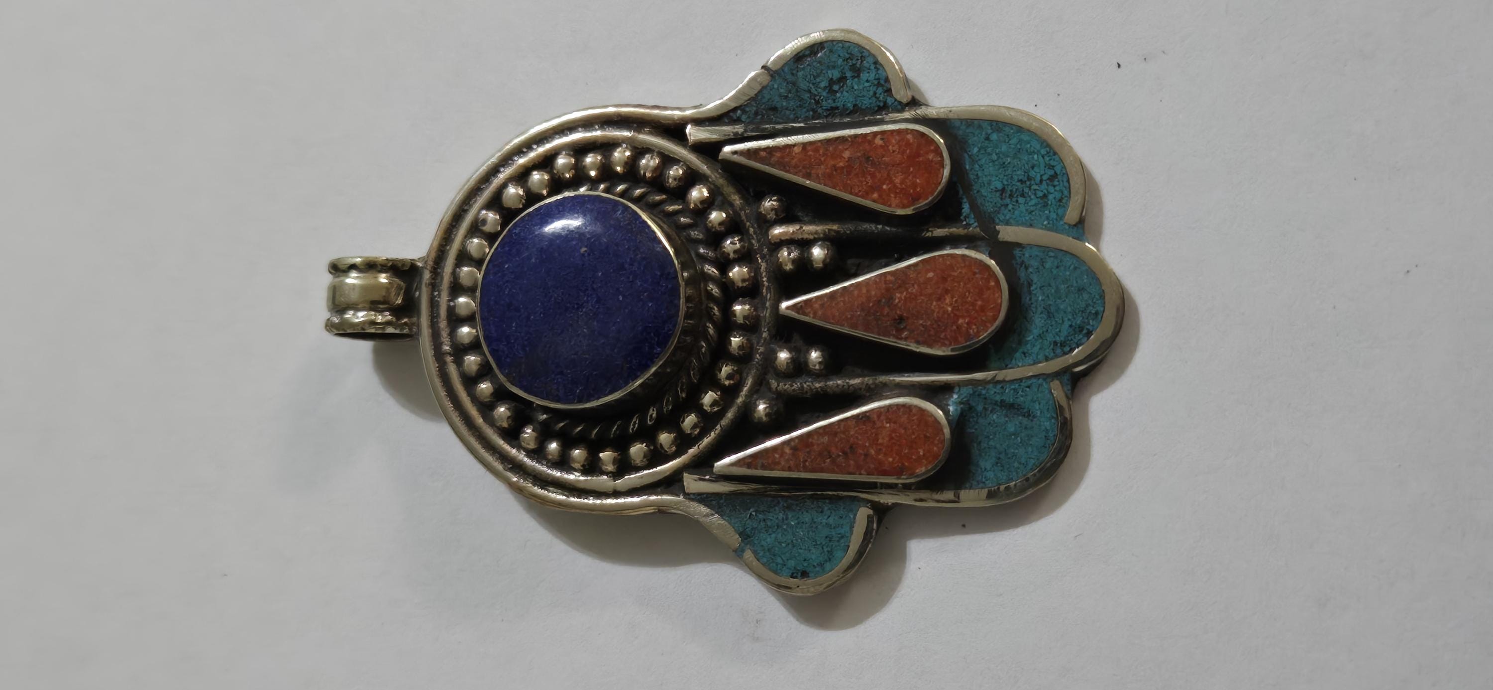 1 pendant - Beautiful Tibetan hamsa pendant with lapis coral turquoise inlay hand pendant handcrafted Nepal - PM337D