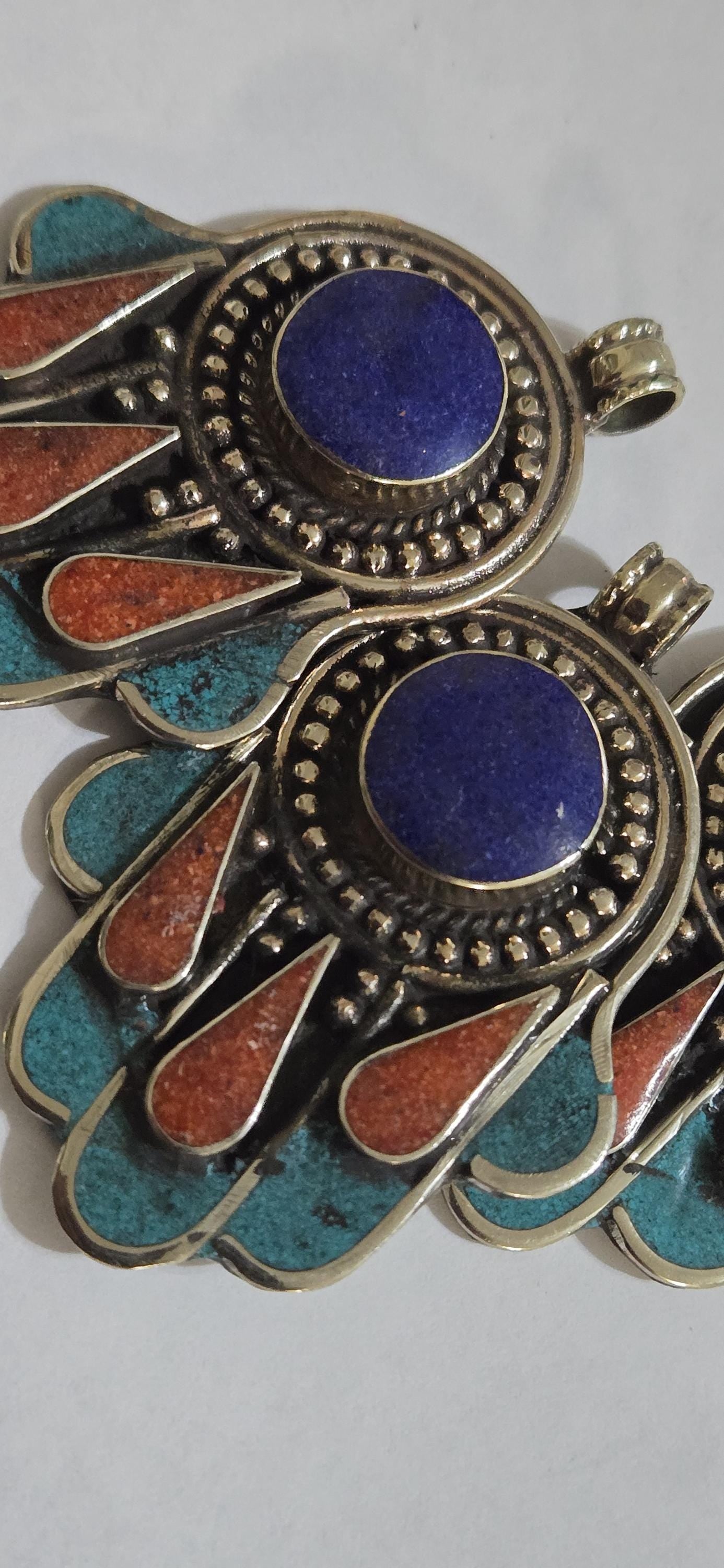 1 pendant - Beautiful Tibetan hamsa pendant with lapis coral turquoise inlay hand pendant handcrafted Nepal - PM337D