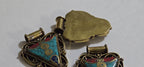 1 Pendant - Ethnic Nepalese Triangle shape double spiral brass pendant with turquoise coral inlay - PM434B