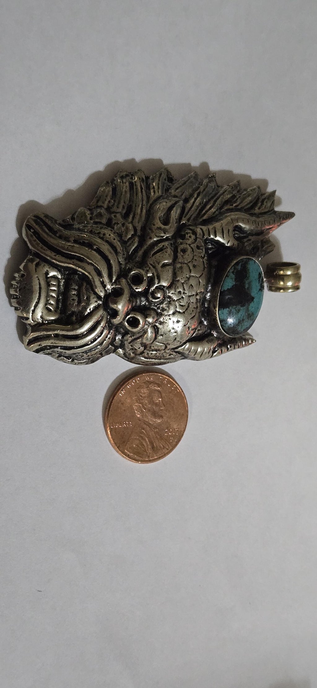 Large Tibetan mahakala protector pendant with turquoise inlay - PM313C