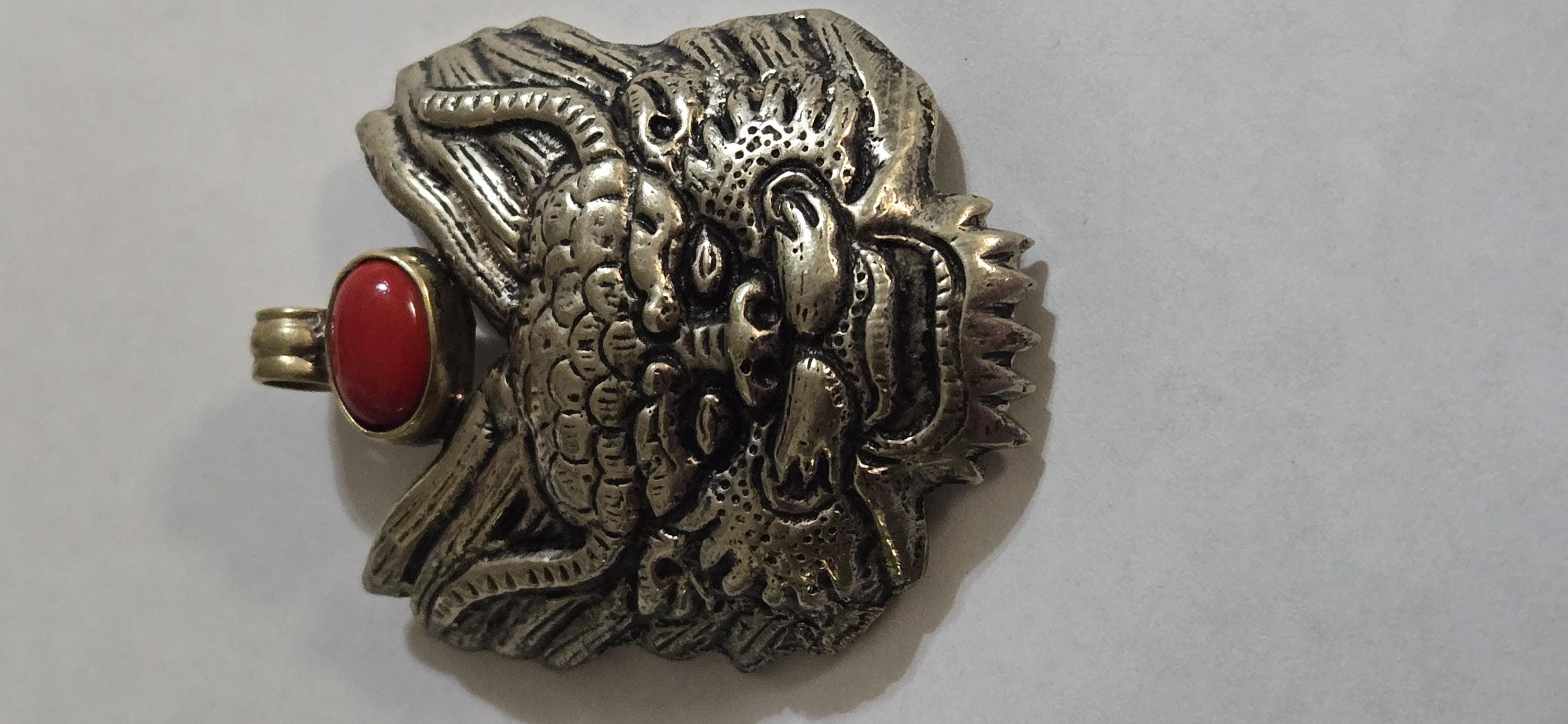 Large Tibetan mahakala protector pendant with coral inlay - PM313L
