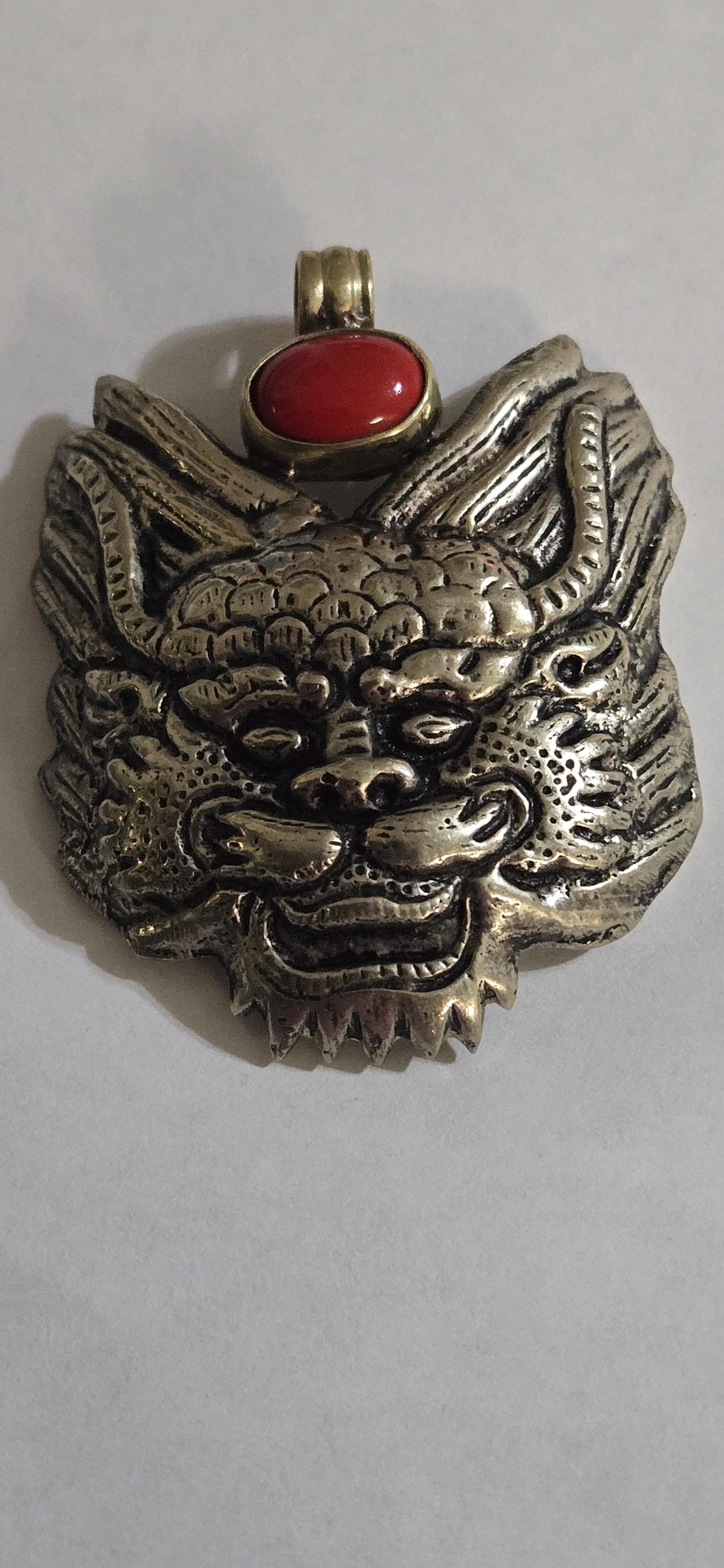 Large Tibetan mahakala protector pendant with coral inlay - PM313L