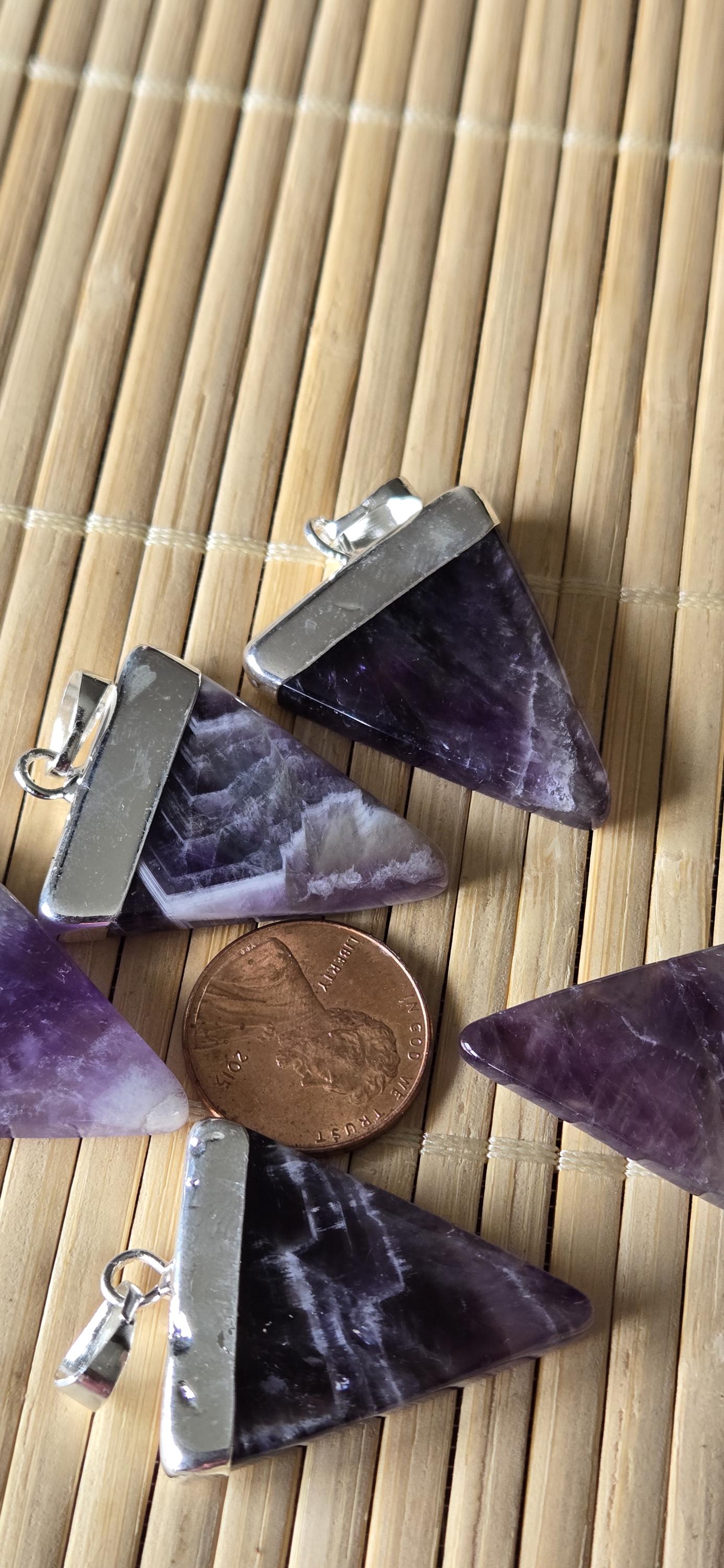 1 pendant - Purple Amethyst triangle cut shape silver color electroplated gemstone pendant - PM330D