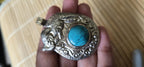 Tibetan silver repousse elephan inlaid with turquoise phoenix carving on reverse side Nepal pendants - PM278H