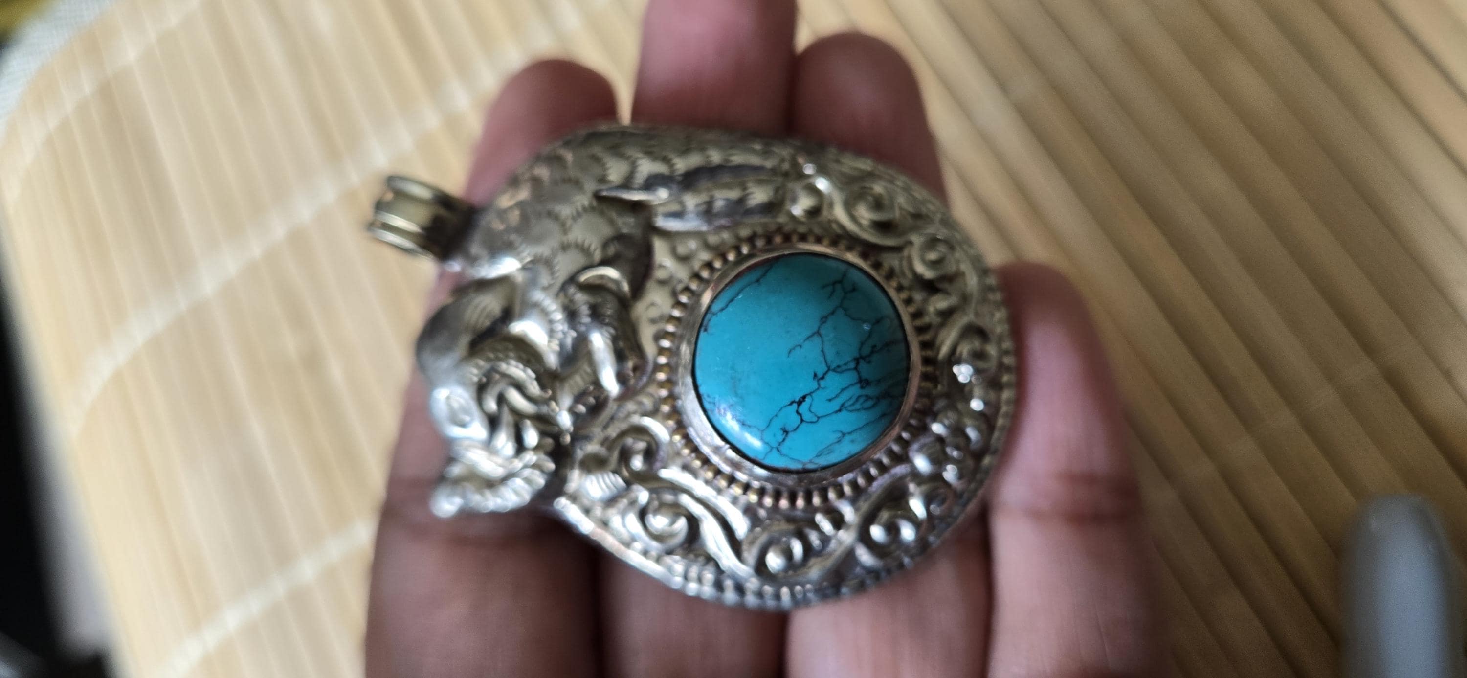Tibetan silver repousse elephan inlaid with turquoise phoenix carving on reverse side Nepal pendants - PM278H