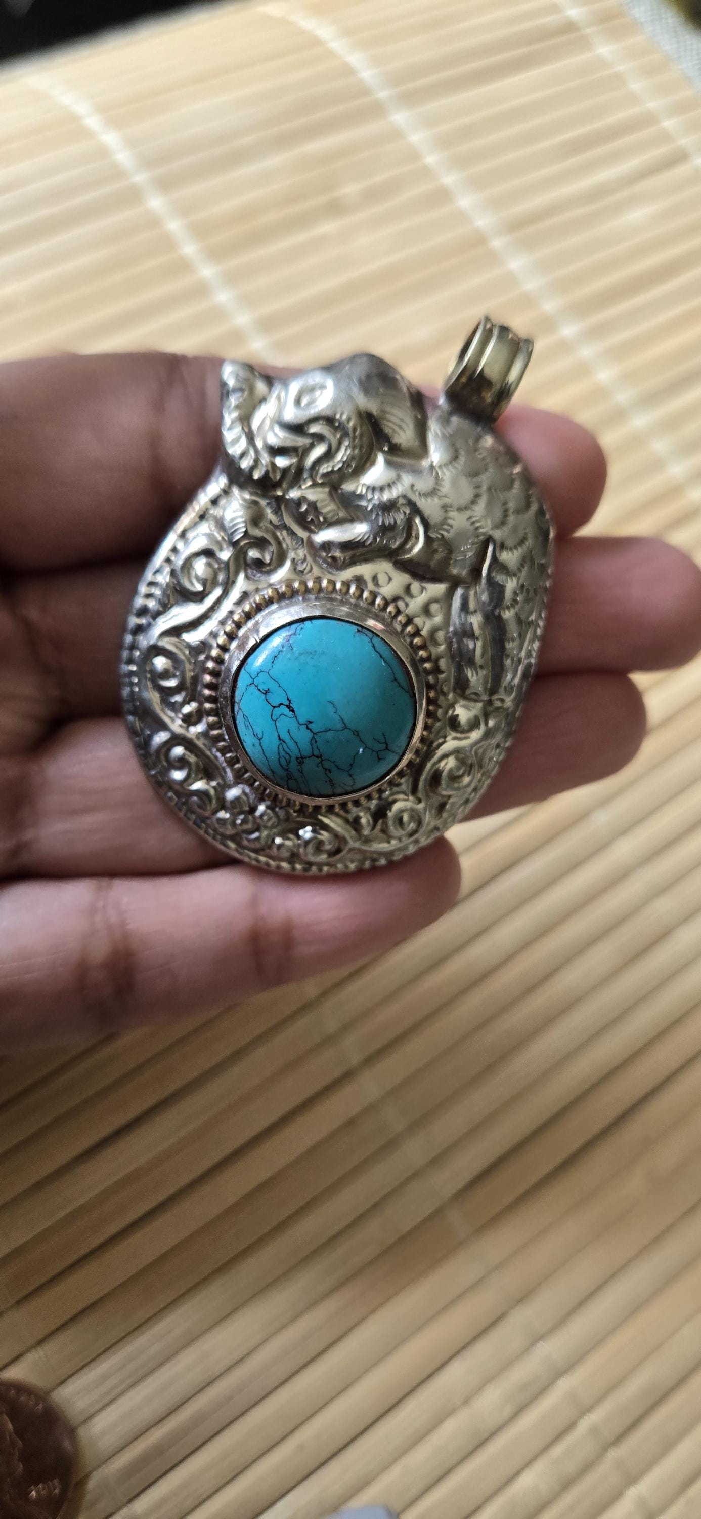 Tibetan silver repousse elephan inlaid with turquoise phoenix carving on reverse side Nepal pendants - PM278H